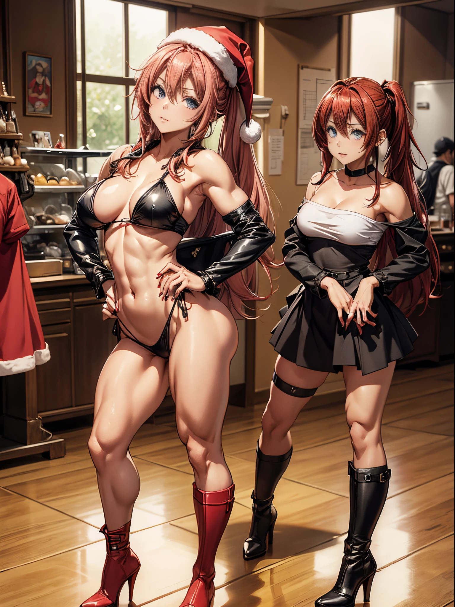 (((1 girl))), (wearing red Santa hat), (Milim Nava of tensei shitara slime), (pink hair twintails), (blue eyes), medium chest, (nails painted black), perfect hands , (((wearing a very sexy Santa Claus outfit with a very short red skirt))), (((full body view))), (in a motel room), (((beautiful and muscular legs))) , thin waist, muscles on the abdomen, full body photo, red high heel shoes, (being sexy), (HDR) , eye reflection, extended eyes, extended eyes, Moody, anime, minimalism, anime style, ray tracing , cinematic lighting, cinematic lighting, glare, shine, JPEG artifacts, bright light, divine rays, ray tracing, drop shadow, panorama, Sony FE, from behind, underneath, underneath, UHD, master piece, precise, accurate , anatomically correct, super detailed, high quality, best quality, very high, 16k