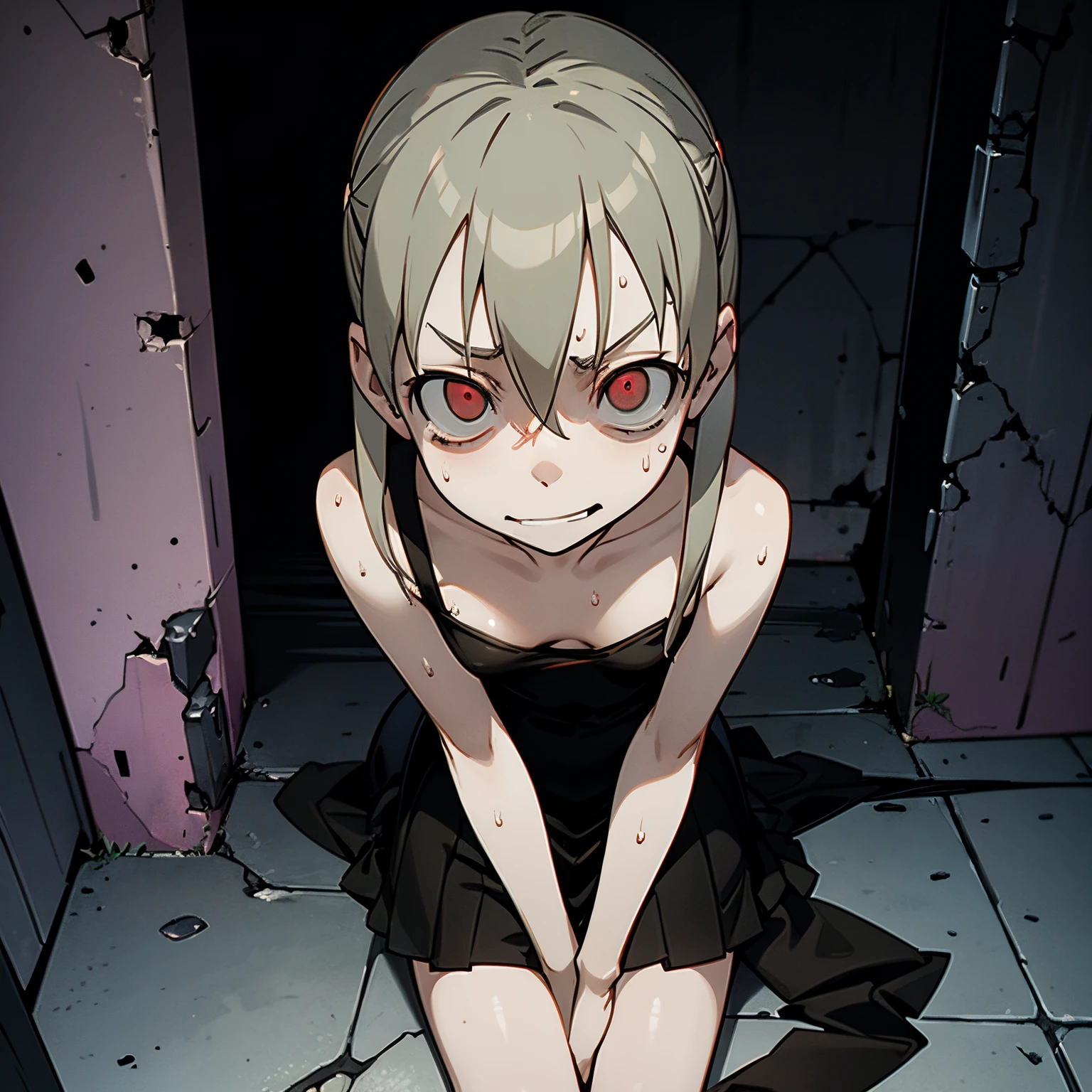 Maka Albarn possessed by Al Capone, glowing red eyes, small breast, evil smirk, happy, looking down at hands, sweating, sitting in a dark alley, twin pigtails hairstyle,