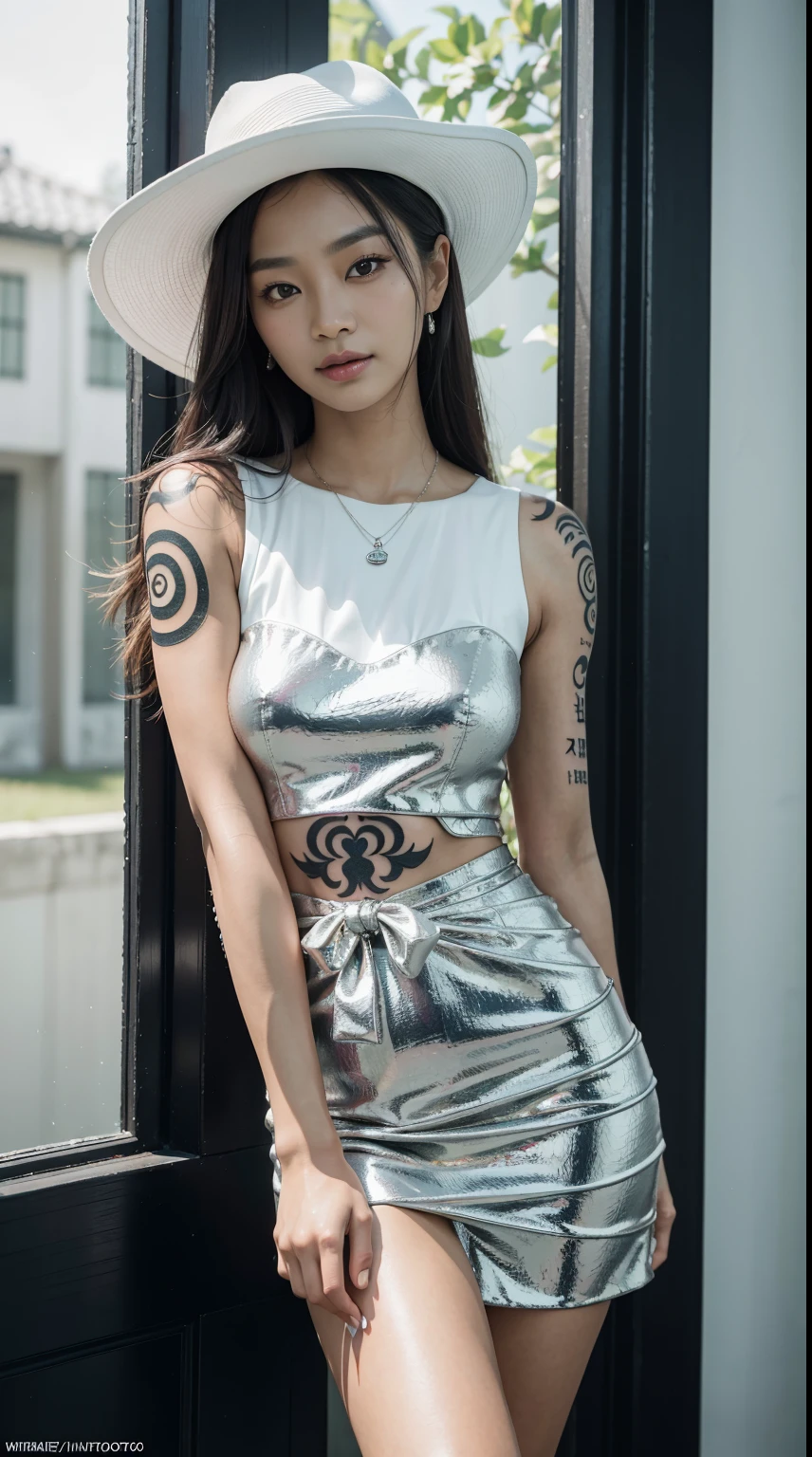 40 years old, gorgeous cute Indonesian girl, smirk, freckles, (dark skin:1.6), therearafeda araffe woman in a white hat and silver dress posing for a picture, sun yunjoo, heonhwa choe, taejune kim, inspired by Tang Sin Yun Sandara, korean idol, seseon yoon, full body xianxia, jia, jiyun chae, park ji-min, hwang se - on, kim hyun joo, sha xi, famous beautiful model, good young girl, (masterpiece:1.0),(best_quality:1.0), ultra high res,4K,ultra-detailed, photography, 8K, HDR, highres, absurdres:1.2, Kodak portra 400, blurry background, bokeh, lens flare, (vibrant_color:1.2),professional photograph, (the_tattoo:1.4), (beautiful_face:1.5),(narrow_waist).