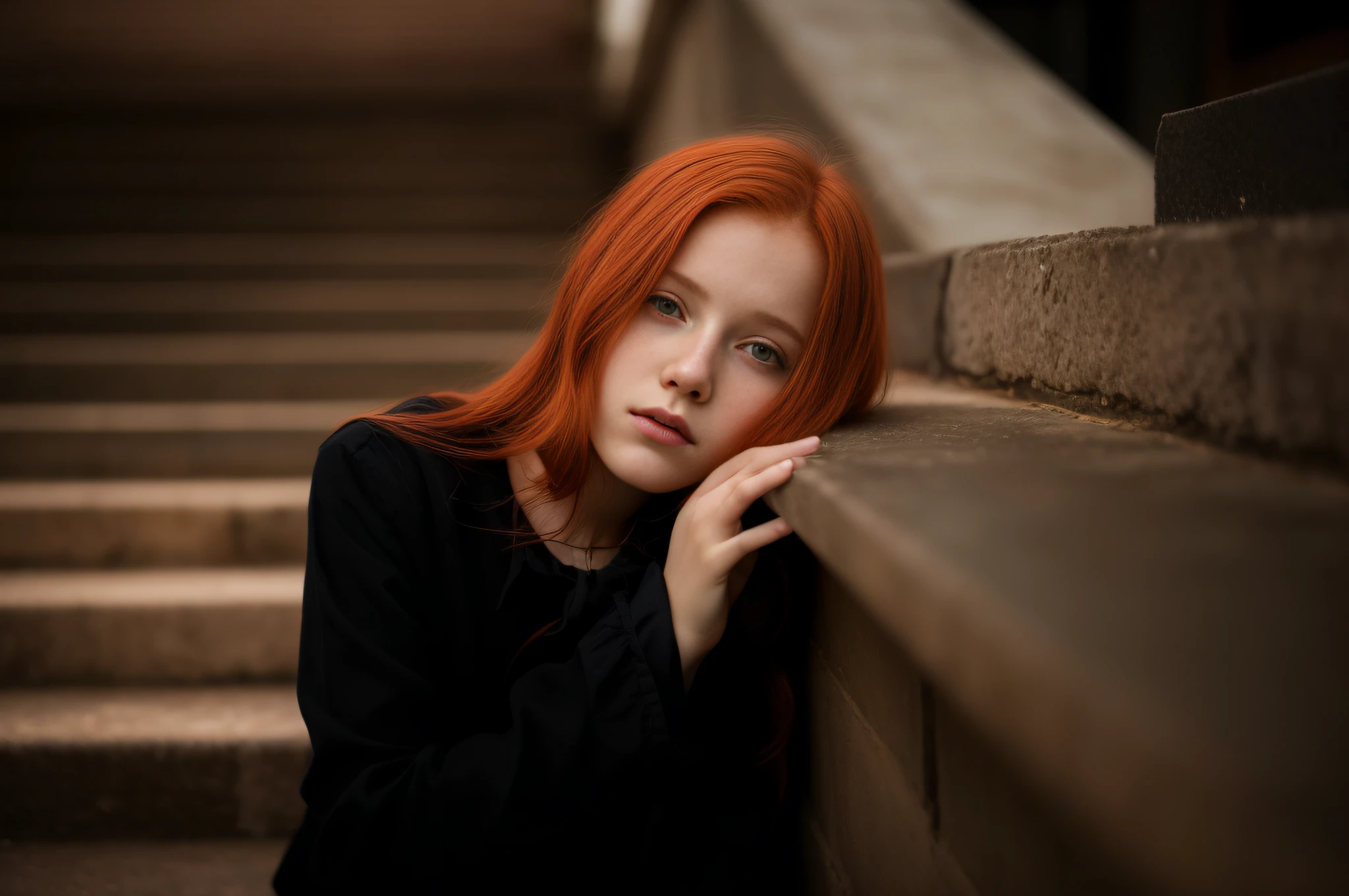 there was a red-haired girl leaning against the wall with her hand on her chin, menina de cabelos vermelhos, beautiful lonely girl, Rapariga, Retrato de uma menina de cabelos vermelhos, menina ruiva jovem bonito, infp mulher jovem, Um retrato de uma menina suicida, mulher jovem de cabelos vermelhos, Por Irakli Nadar, with a sad expression, uma jovem ruiva, Redhead Girl