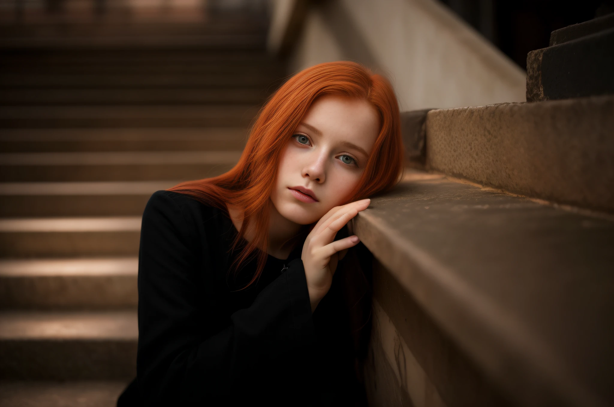 there was a red-haired girl leaning against the wall with her hand on her chin, menina de cabelos vermelhos, beautiful lonely girl, Rapariga, Retrato de uma menina de cabelos vermelhos, menina ruiva jovem bonito, infp mulher jovem, Um retrato de uma menina suicida, mulher jovem de cabelos vermelhos, Por Irakli Nadar, with a sad expression, uma jovem ruiva, Redhead Girl