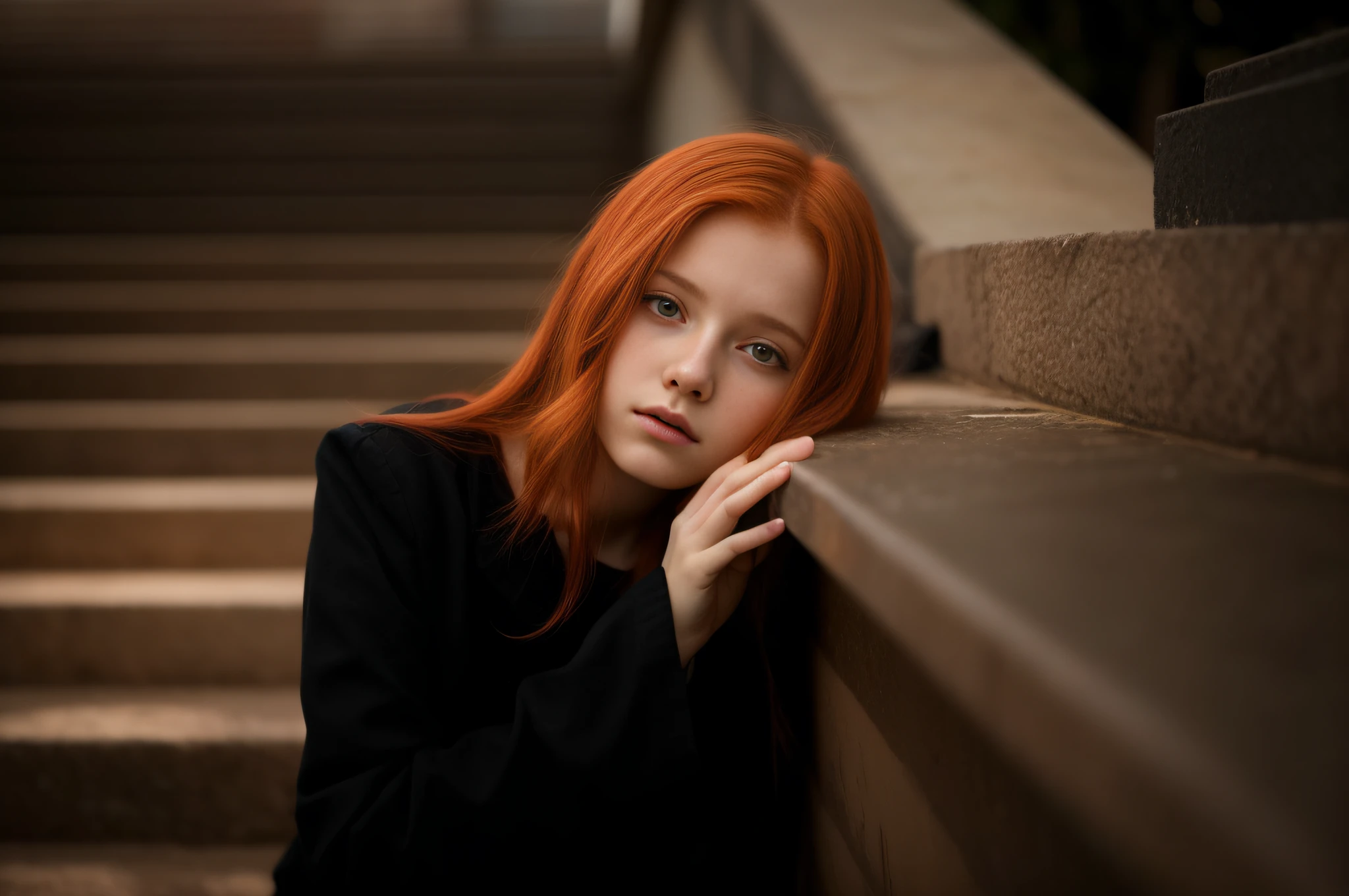 there was a red-haired girl leaning against the wall with her hand on her chin, menina de cabelos vermelhos, beautiful lonely girl, Rapariga, Retrato de uma menina de cabelos vermelhos, menina ruiva jovem bonito, infp mulher jovem, Um retrato de uma menina suicida, mulher jovem de cabelos vermelhos, Por Irakli Nadar, with a sad expression, uma jovem ruiva, Redhead Girl