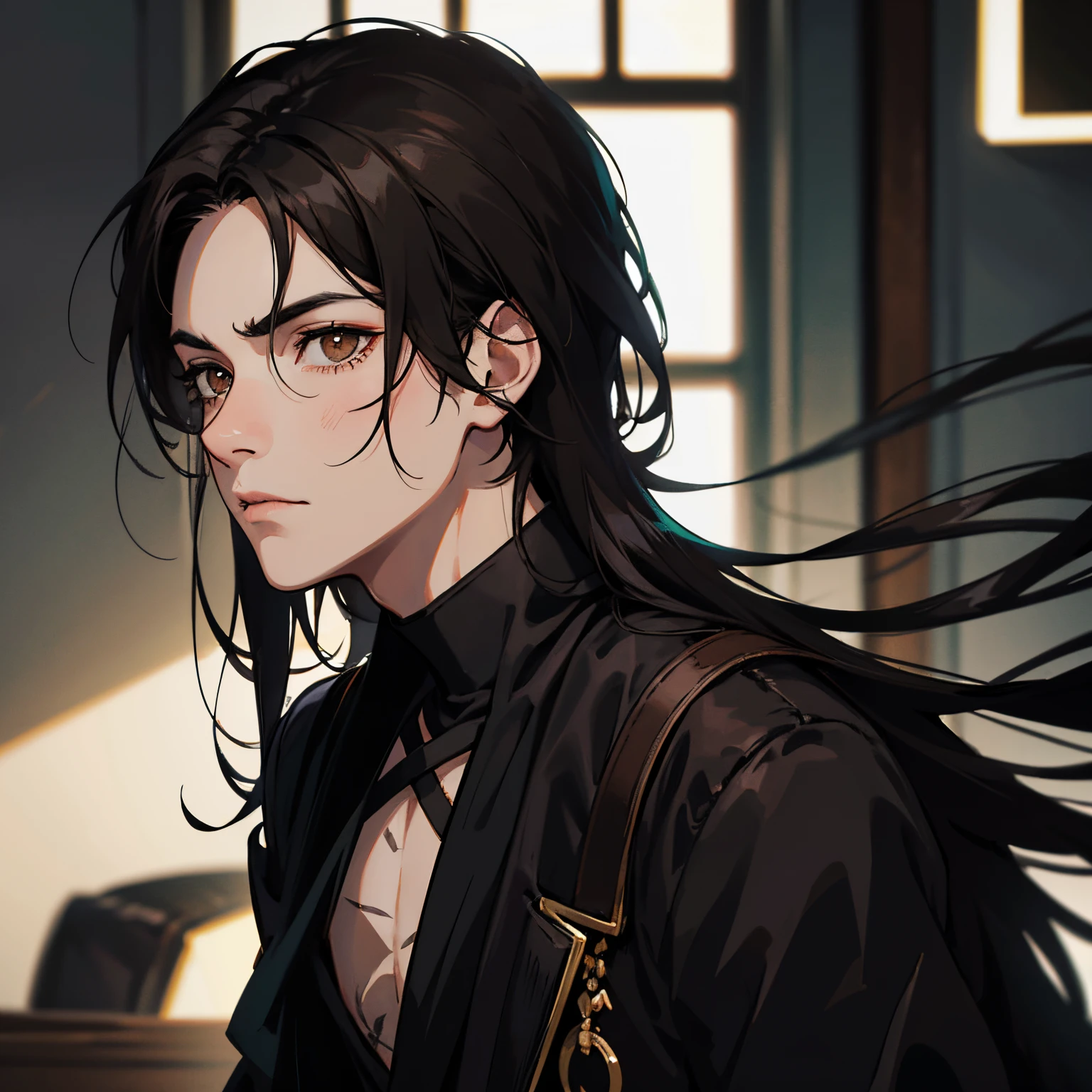 emo boy, black mask, black long hair, brown eyes, black clothes, scars on face
