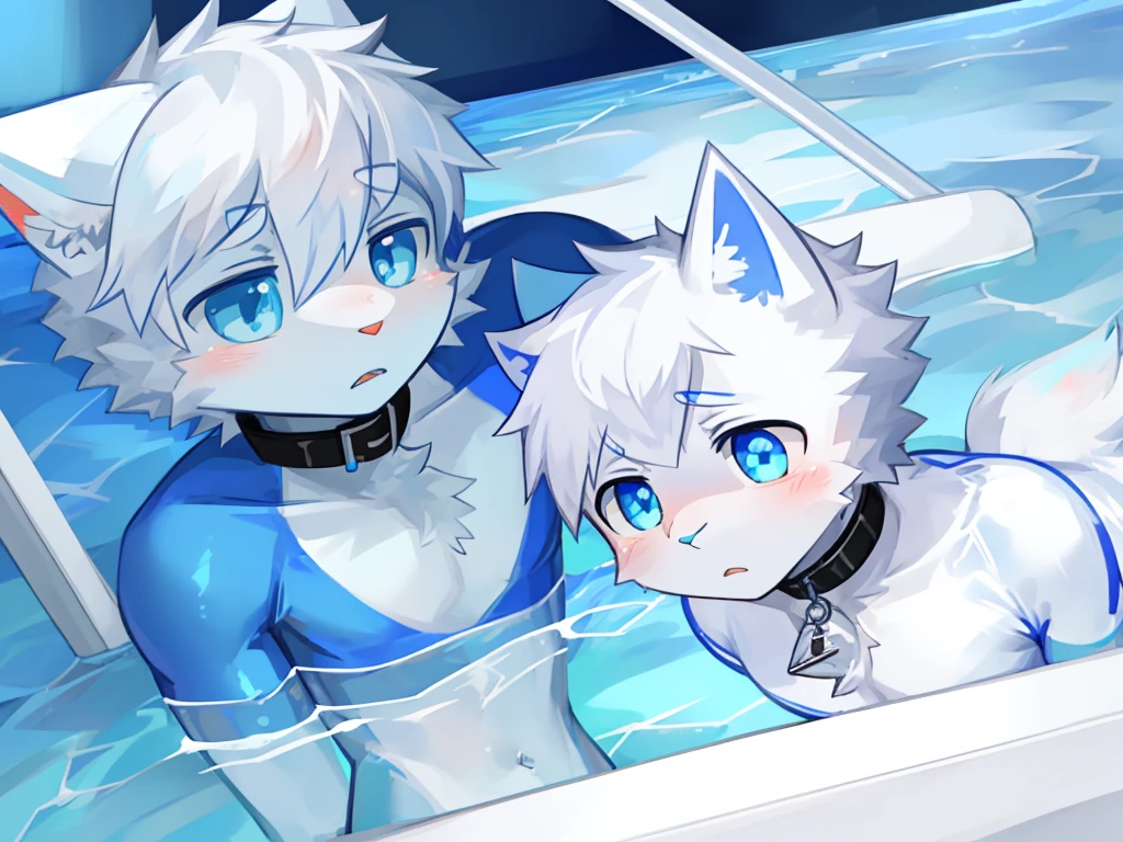 A white cat with blue eyes,wearing bodysuit,Trapped in the sea and unable to break free, white cat struggling,The neck locked by the collar!!!!dans la mer,A look of despair