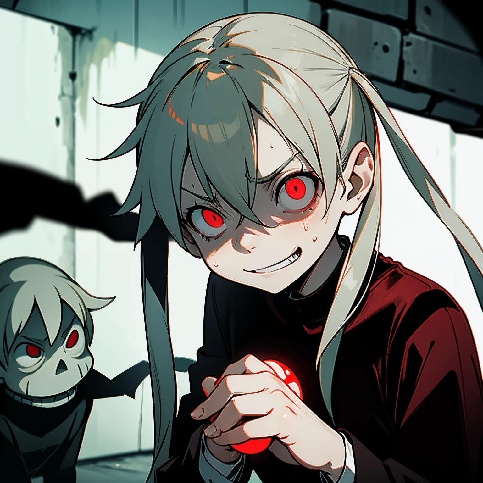 Maka Albarn possessed by Al Capone, glowing red eyes, small breast, dark horror atmosphere, evil smirk, happy, looking down at hands, sweating, sitting in a dark alley, twin pigtails hairstyle, holding Maka Albarn's soul orb