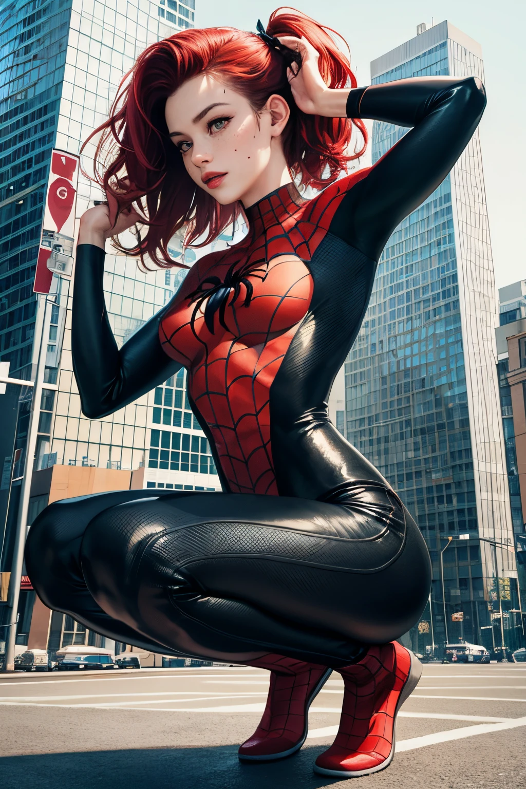 Generate a photorealistic masterpiece from a low angle featuring a woman in a red and black and white Spider-Man suit. She's unmasked with a pretty ginger face, Korean features, freckles, thin waist, slender figure, small breasts, petite figure, in a squatting position, posing like Spider-Man, sitting on the edge of the rooftop overlooking the city. Sexy smile and eyes. The camera angle should capture the exterior of the building she's on. Emphasize the wind blowing, her red hair flowing elegantly, fingers spread, and breast cleavage exposed in the skin-tight suit, Ensure intricate details, realistic human anatomy , correct face proportion and position and capture the scene with a compelling low angle shot.