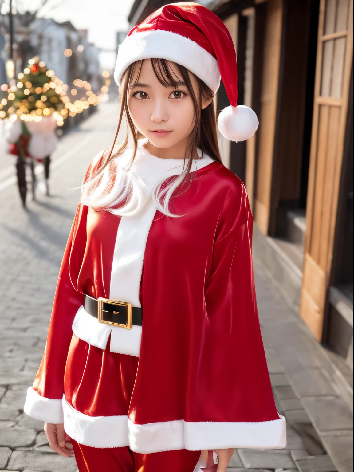 tre anatomically correct,Masterpiece of,High image quality,(Cute Santa Claus costumes:1.5),(The material of the costume is high quality silk.:1.4),20 years old, Japan Female, (Random posture:1.4),Professional Lighting,((Japan hair)),((Natural smile)),The ultra-detailliert、High quality textures、intricate detailes、detaileds、Very detailed CG、High quality shadows、Detail Beautiful delicate face、Detail Beautiful delicate eyes、depth of fields、Ray traching,1girl in, japanaese girl, Fashion Model, slender,Warm atmosphere,Outdoors with a Christmas atmosphere
