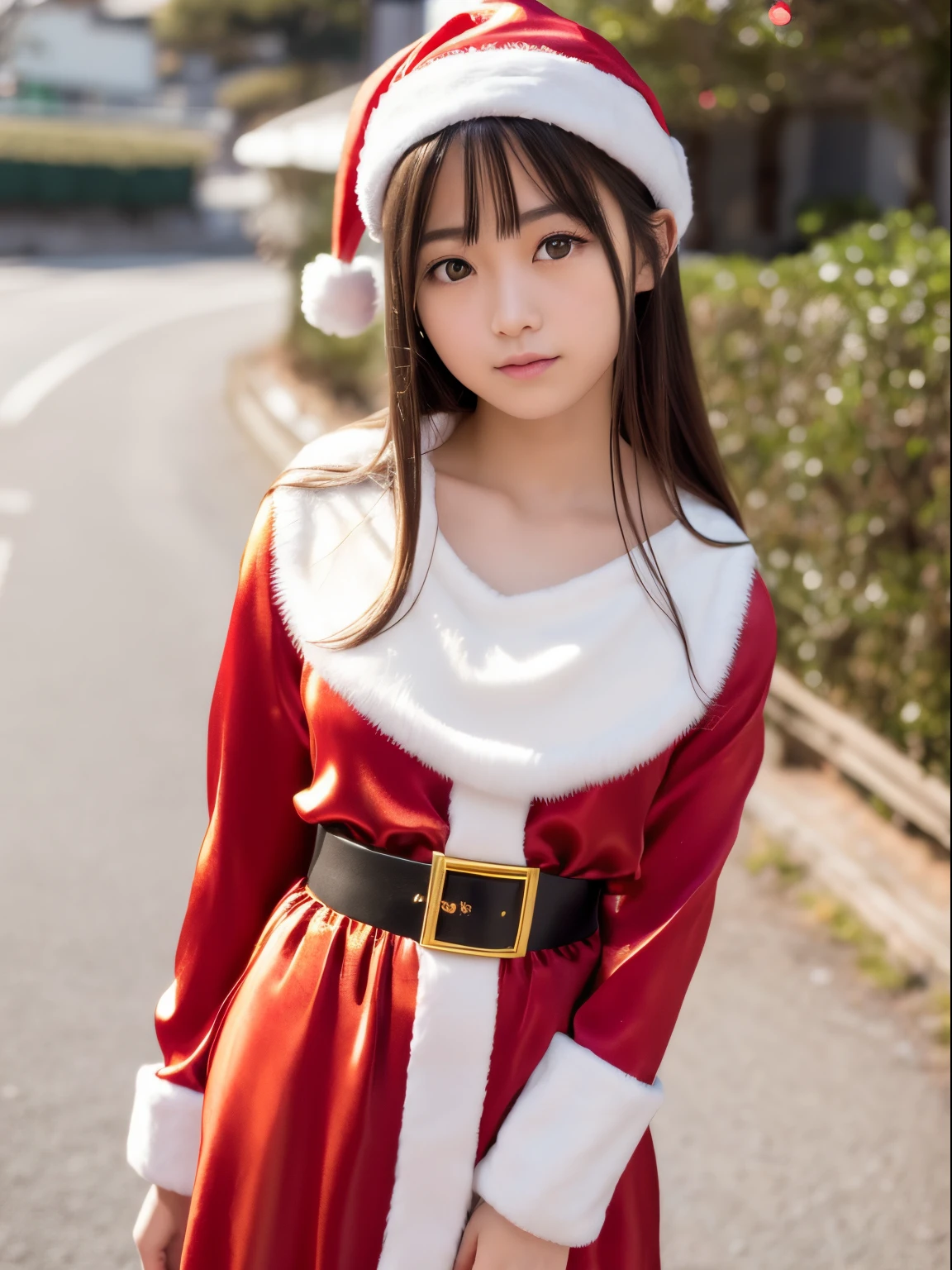 tre anatomically correct,Masterpiece of,High image quality,(Cute Santa Claus costumes:1.5),(The material of the costume is high quality silk.:1.4),20 years old, Japan Female, (Random posture:1.4),Professional Lighting,((Japan hair)),((Natural smile)),The ultra-detailliert、High quality textures、intricate detailes、detaileds、Very detailed CG、High quality shadows、Detail Beautiful delicate face、Detail Beautiful delicate eyes、depth of fields、Ray traching,1girl in, japanaese girl, Fashion Model, slender,Warm atmosphere,Outdoors with a Christmas atmosphere