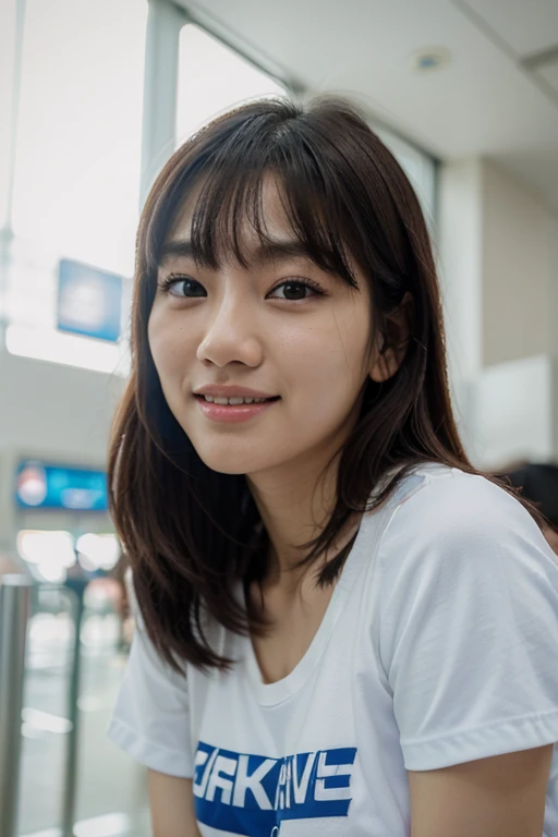 Realistic photos of Korean female, franja cruzada, Sorria levemente, camiseta, no aeroporto, Pov, eye level shot, Blurry, UHD, master part, Altas, 16k
