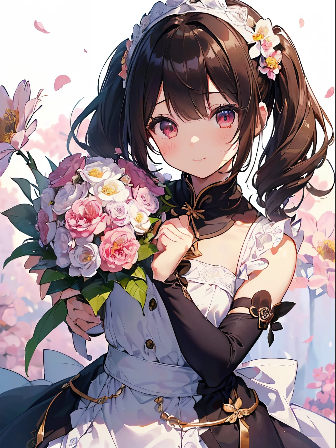 (Highest quality illustrations:1.2), (Kawaii Girl:1.1), (1girl in:1.5, 独奏:1.5)、One pose、The upper part of the body、a closeup、(Highest quality illustrations:1.2), (Kawaii Girl:1.1), (1girl in, 独奏:1.5), (1girl in、sixteen years old、childish、One pose、cute little、Neat and clean image、((1girl in、独奏)), (Highest quality illustrations:1.2), (Kawaii Girl:1.1), (1girl in, 独奏:1), (tiny chest、ultradetailed eyes:1.2)、Brown hair、shorth hair、hair wavy、curlyhair、low twintails、BREAK(top-quality、ultra-detailliert、highly detailed and beautiful、超A high resolution、Detailed arm:1.2) (waitresses、),A smile、BREAK(top-quality、ultra-detailliert、highly detailed and beautiful、超A high resolution、Detailed arm:1.2),Floral background、((holding a large bouquet of flowers with both hands)),