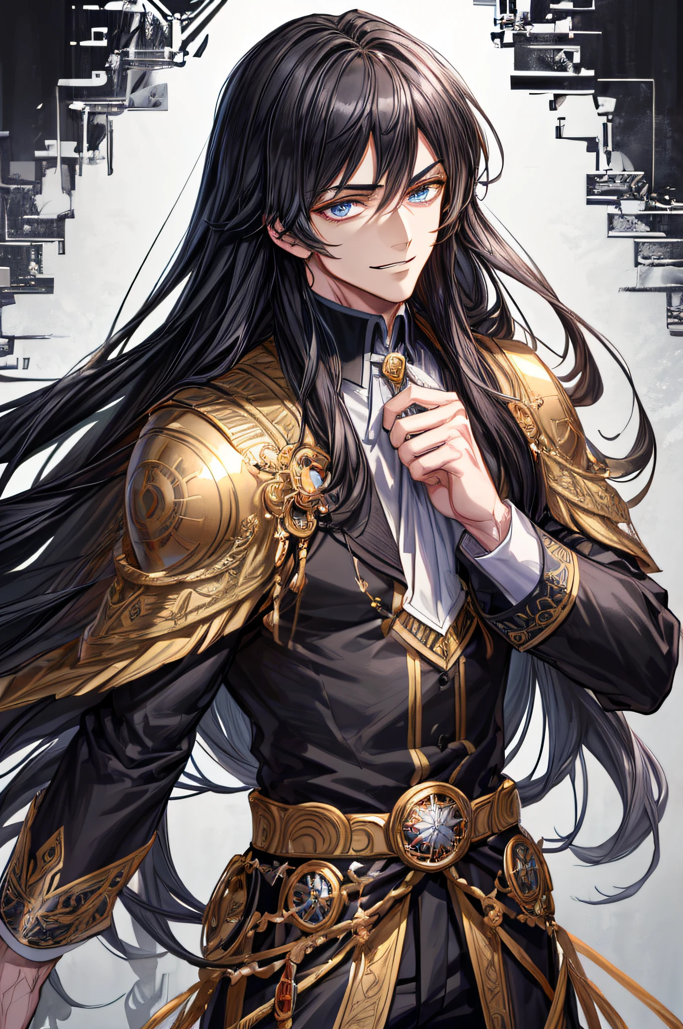 (Best Quality),(masutepiece:1.1),(the Extremely Detailed CG Unity 8K Wallpapers:1.1),(Colorful:0.9),(mid-shot:0.95),(very detailed beautiful face and eyes),1 male, Adult, Handsome, tall muscular man, broad shoulders, finely detailed eyes and detailed face, the Extremely Detailed CG Unity 8K Wallpapers, Intricate details, Medium black hair,White background, nobles, nobles, Elegant, neat, Graceful, Scenery, Evil smile,Upper body,