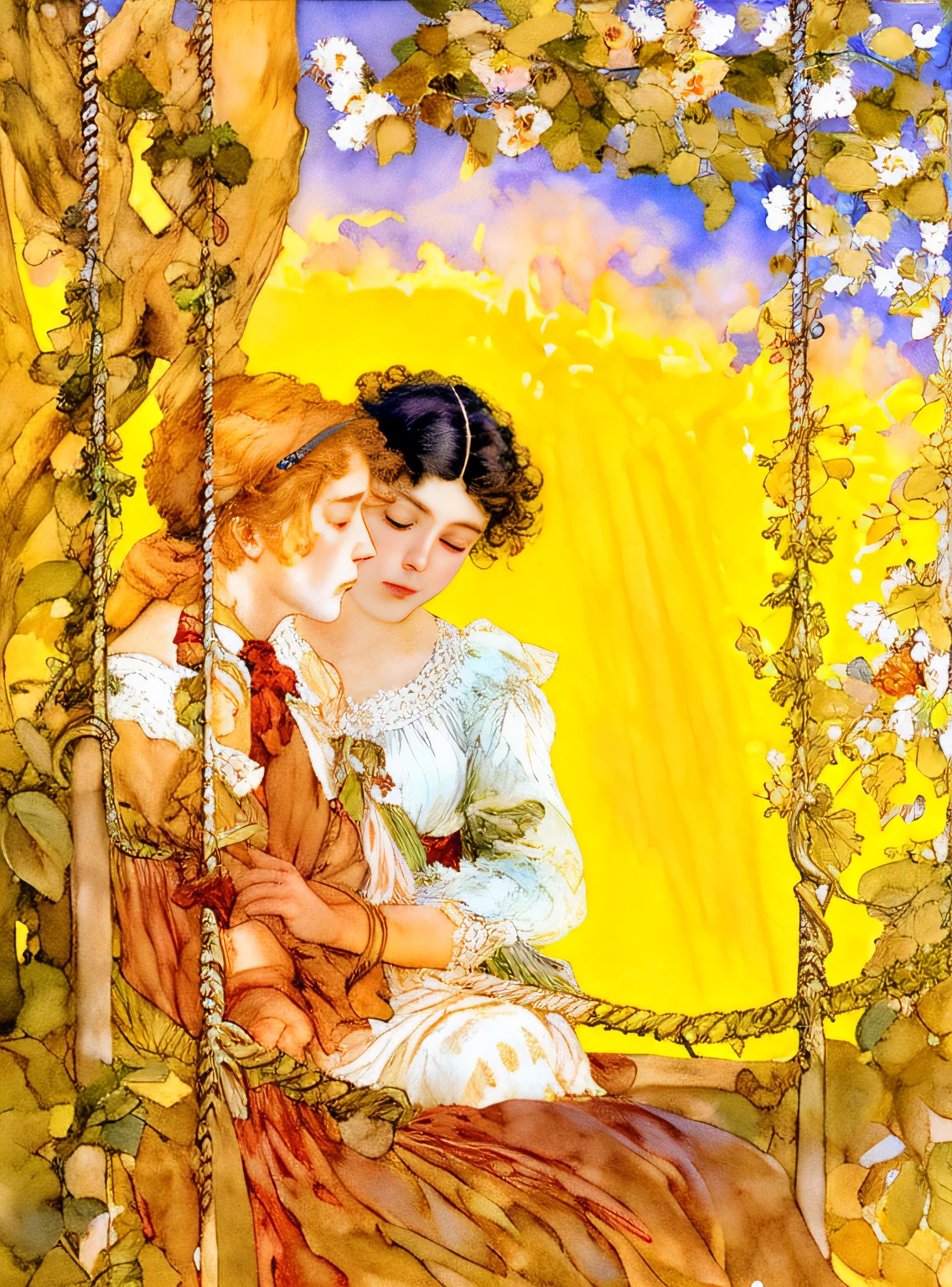 a painting of a couple sitting on a swing in a garden, florence harrison, inspirado em Carlos Schwabe, Arthur Rackham e Milo Manara, Directed by: Elizabeth Shippen Verde, full-colour illustration, Eduardo Hughes, Directed by: Eleanor Fortescue-Brickdale, por Jane Small, inspirado em Edward Robert Hughes, Estilo de Carlos Schwabe, Directed by: Rebeca Guay