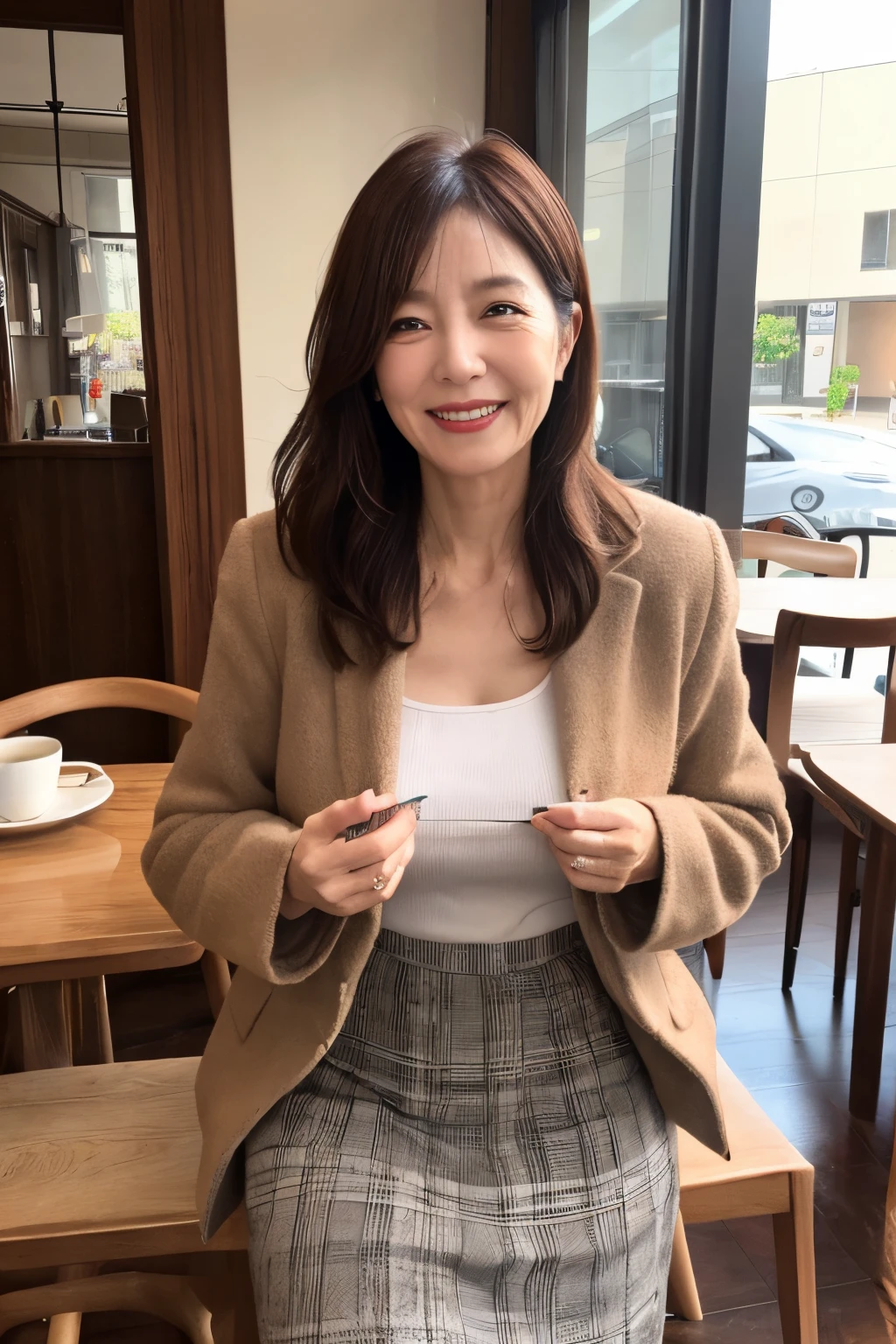 58-year-old woman、(((Wrinkles on the face)))、Laugh、cafes、parka、skirt by the、Colossal tits、Collarless coat