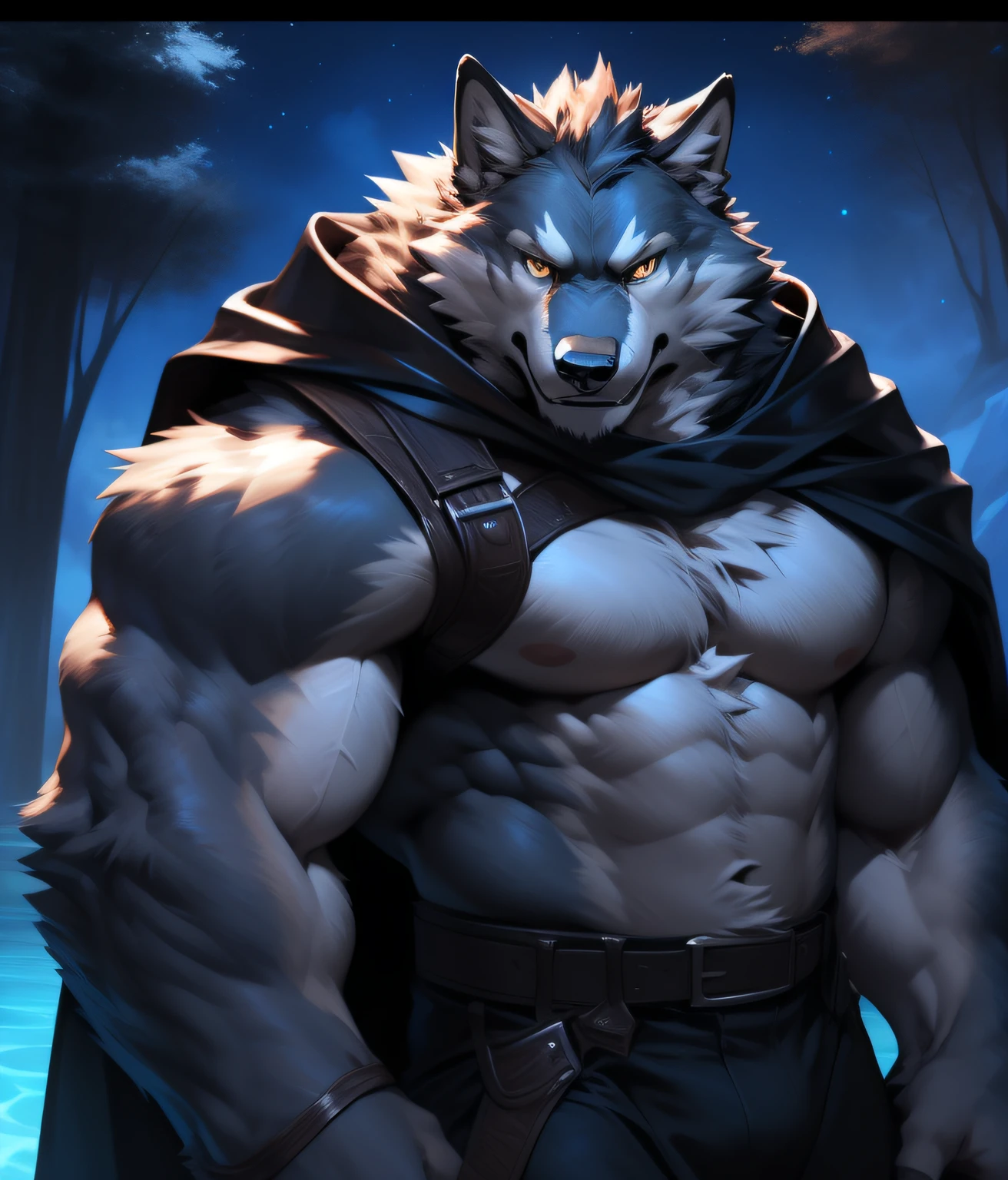 deathwolf, 1boy, solo, colored sclera, red eyes, black cloak, white fur, full body, anthro, (clenched teeth with drooling:1.3), low angle, up close to camera, eye contact, hands on hips, angry, smiling, scary, genital sheath exposed, hairy balls, male, muscular, muscular anthro, (sweat:1.4), muscular male, aged up, hi res, (bottomwear:1.2, pulled down), 8k hd, extreme detail, detailed background, empty bar, rustic, dark, night, no lights, moonlit, indoors, by Pino Daeni, (by ruaidri), by virtyalfobo