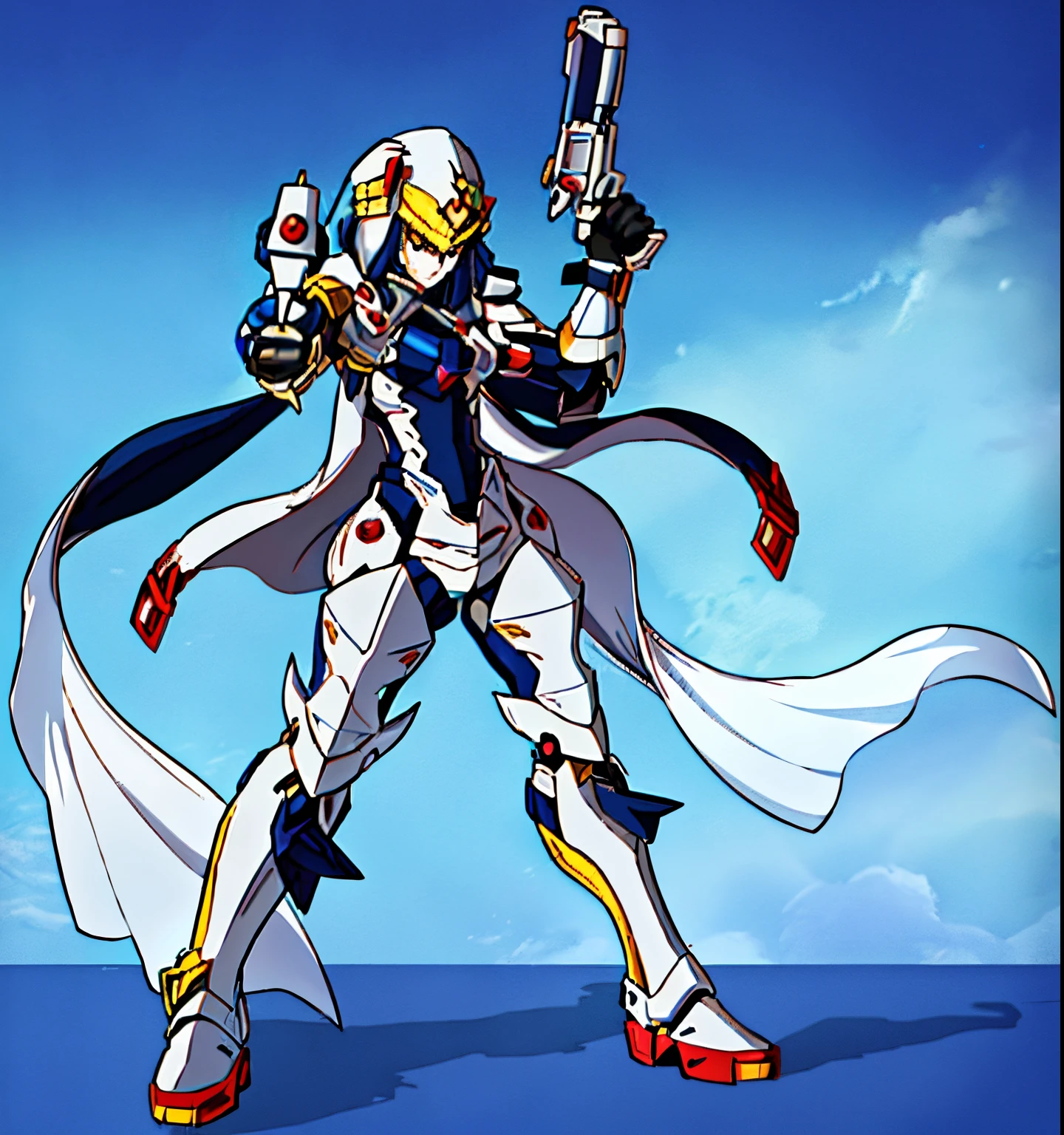 a cartoon image of a woman with a gun in her hand, ferra mecha branco,  imperatriz ciborgue futurista, arte oficial do personagem, Anime Ciborgue, Deus grego no estilo mecha, cyber fight armor, terno varia, estilo de duelyst, mecha humano, mulher nobre ciborgue, este personagem tem criocinese, estilo mecha legal, female mecha, mecha de armadura preta