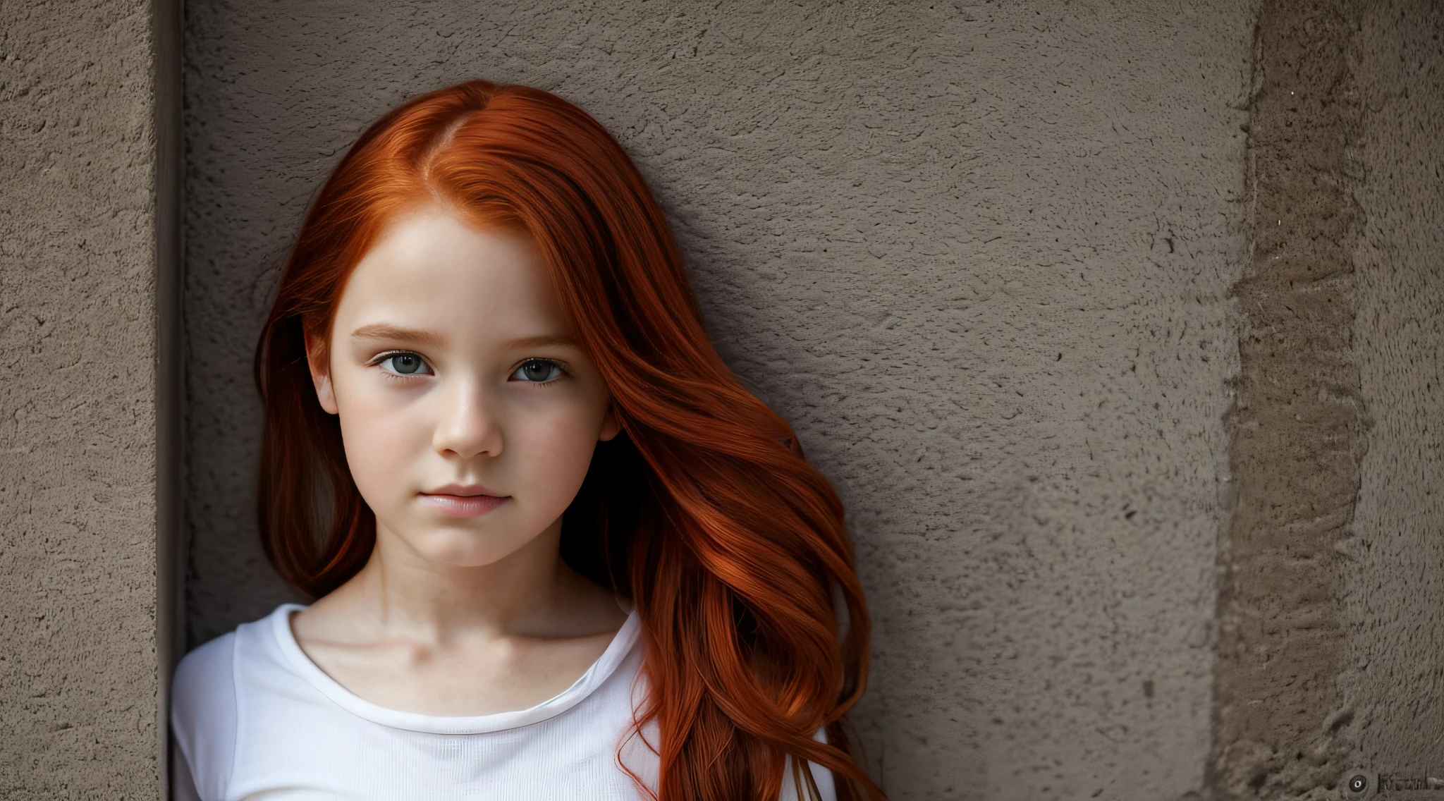 there was a red-haired girl leaning against the wall with her hand on her chin, de cabelos vermelhos, beautiful lonely girl, Rapariga, Retrato de uma meninabelos vermelhos, menina ruiva bonito, infp mulher jovem, Um retrato de uma menina suicida, muovem de cabelos vermelhos, Por Irakli Nadar, with a sad expression, uma jovem ruiva, Redhead Girl