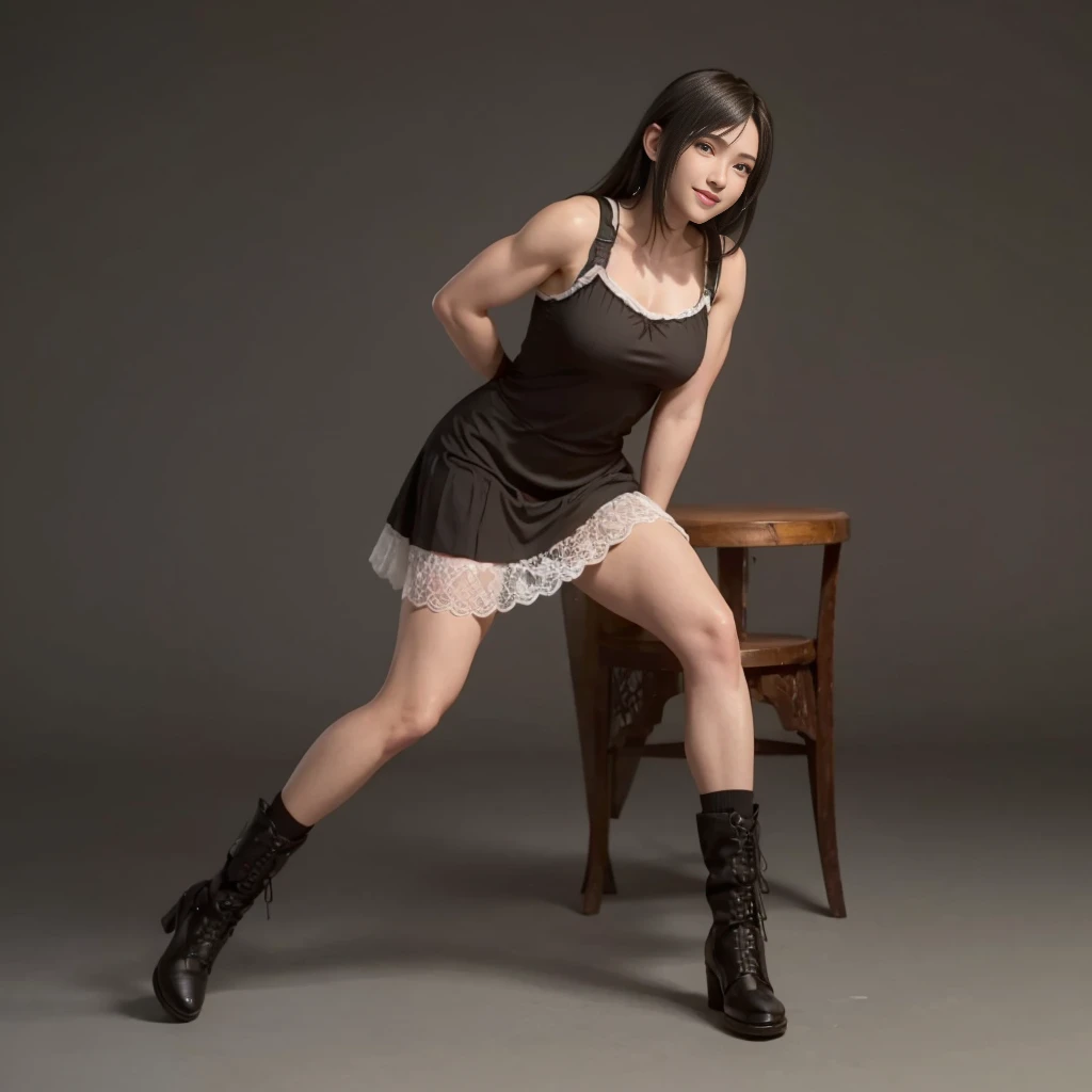 (best quality,ultra-detalhado),(Realistic:1.37),Tifa Lockhart, Rosto bonito e detalhado, maquiagem preta nos olhos, light smile expression, textura ultra realista, rosto delicado, corpo delicado, Fit physique, usando batom e brilho labial, charismatic look