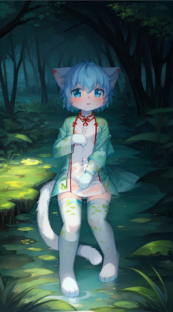 A white cat half trapped in a swamp，Covered with mud.！,A cat trapped in a swamp , Nice tail！！Behind are low bushes，china blue eyes,  cat in swamp, With cute doting eyes