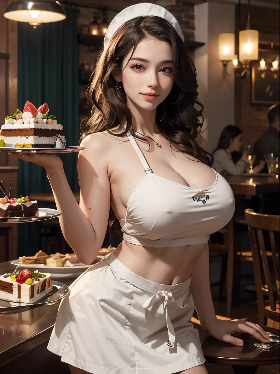 (masterpiece), (best quality), high resolution, ultra detail, photorealistic, 8K, intricate face, detailed body, detailed face, beautiful, 
BREAK
1girl, Beautiful girl, (huge breasts:1.2), narrow waist, huge ass, athletic body, navel, cleavage, leaning forward, (long wavy hair, brown hair, long eyes, black eyes, long eyelashes, thick lip, 
BREAK
waitress, white apron, mini skirt, navel, Cafe, restaurant, tray, cake, happy smile,