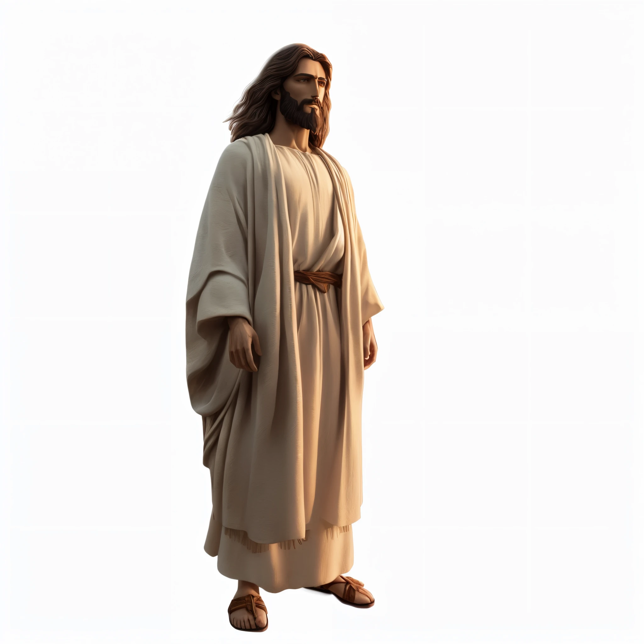 blurred image of Jesus standing in the light of the setting sun, Jesus Cristo, Vestido como Jesus Cristo, Personagem altamente detalhado, escultura realista de 8k bernini, Jesus, Retrato de Jesus Cristo, jesus of nazareth, him greeting you warmly, 3/4 view realistic, ( figura altamente detalhada ), Personagem 3d realista, corpo inteiro altamente detalhado