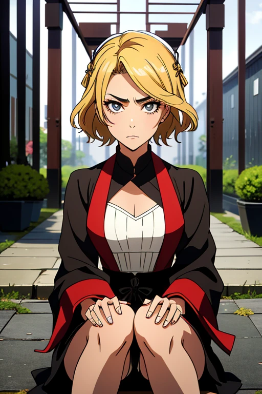 best quality)), ((masterpiece)), (detailed), 1girl, perfect face, serious face, serious, sexy, gloomy, mysterious, eyebrows,crossed arms,perfect hands,five finger, Shinigami, short blonde hair, very short cut thick, eyebrows, sinigami outfit, Shihakushō, start_point = (0, int(height / 2)) end_point = (width, 0)