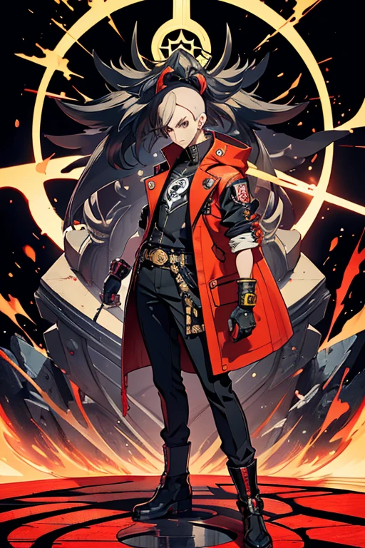 um homem com longos cabelos ruivos, a yellow coat and a disc on his left arm alone, Traje real de Akira, Gatilho Estilo de Arte de Anime, guilty gear strive splash art, arte chave do anime, Arte Oficial, Parte Brando, arte oficial altamente detalhada, Estilo de arte Guilty Gear, Epic anime style, Persona 5 Estilo Arte wlop, KDA, better arms, mais detalhes roxos e azuis, Yu-Gi-Oh estilo arte, egyptian setting,