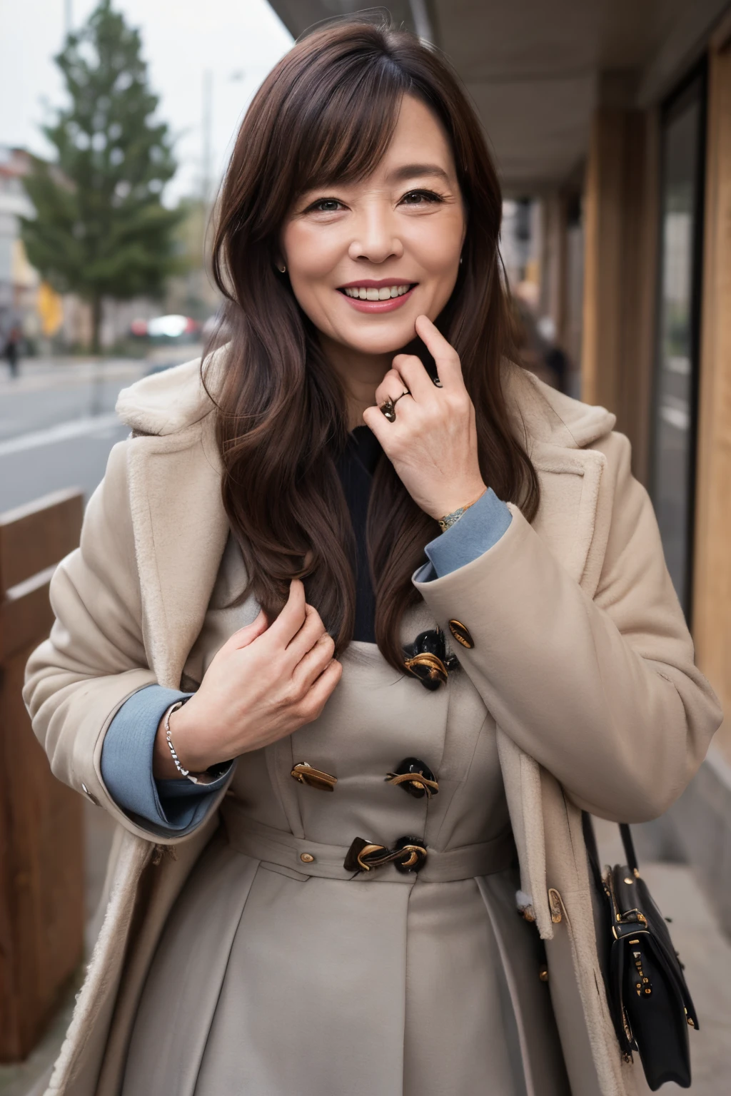 58-year-old woman、(((Wrinkles on the face)))、Laugh、parka、skirt by the、Colossal tits、duffle coat