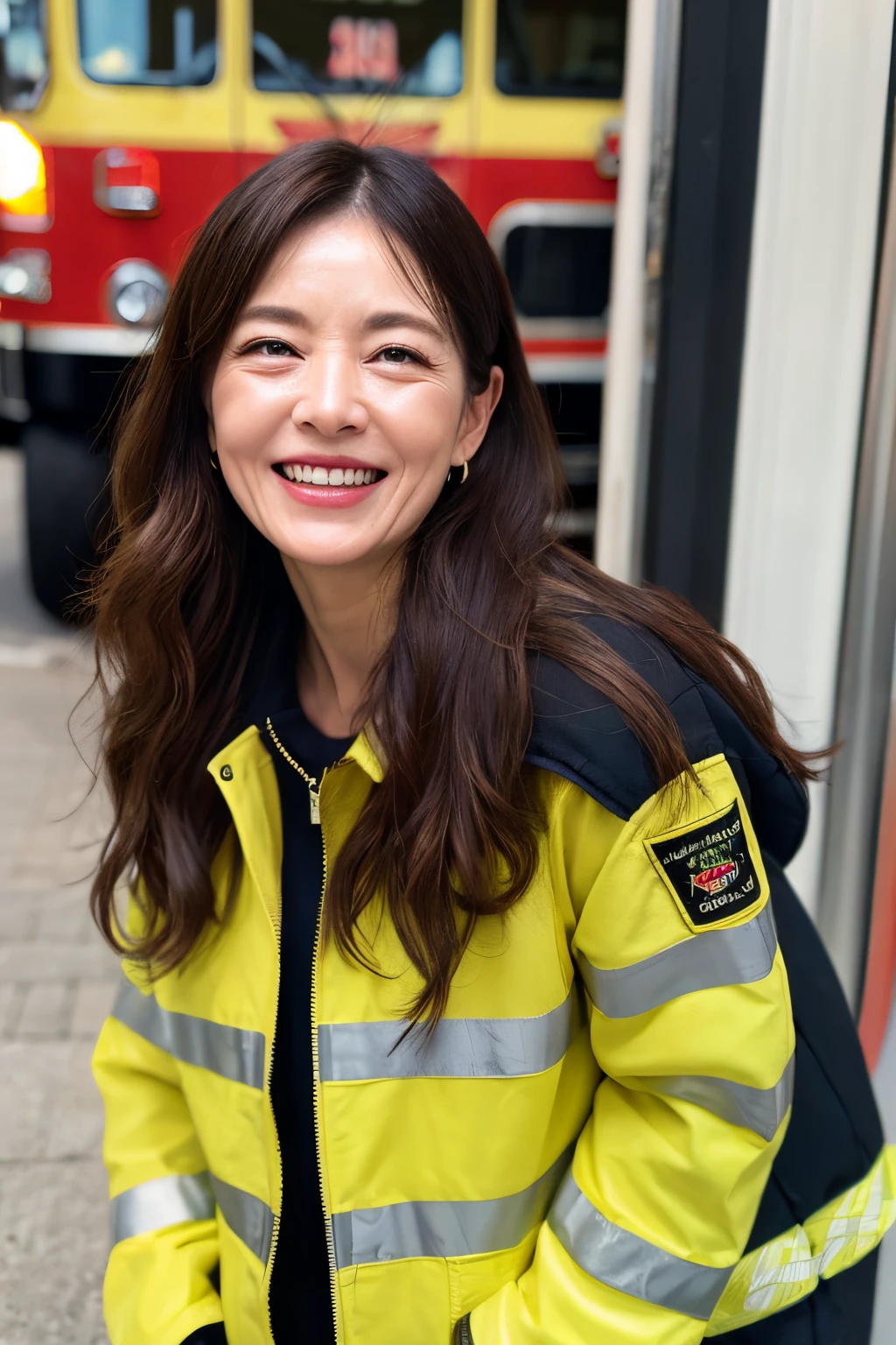 58-year-old woman、(((Wrinkles on the face)))、Laugh、fireman jacket