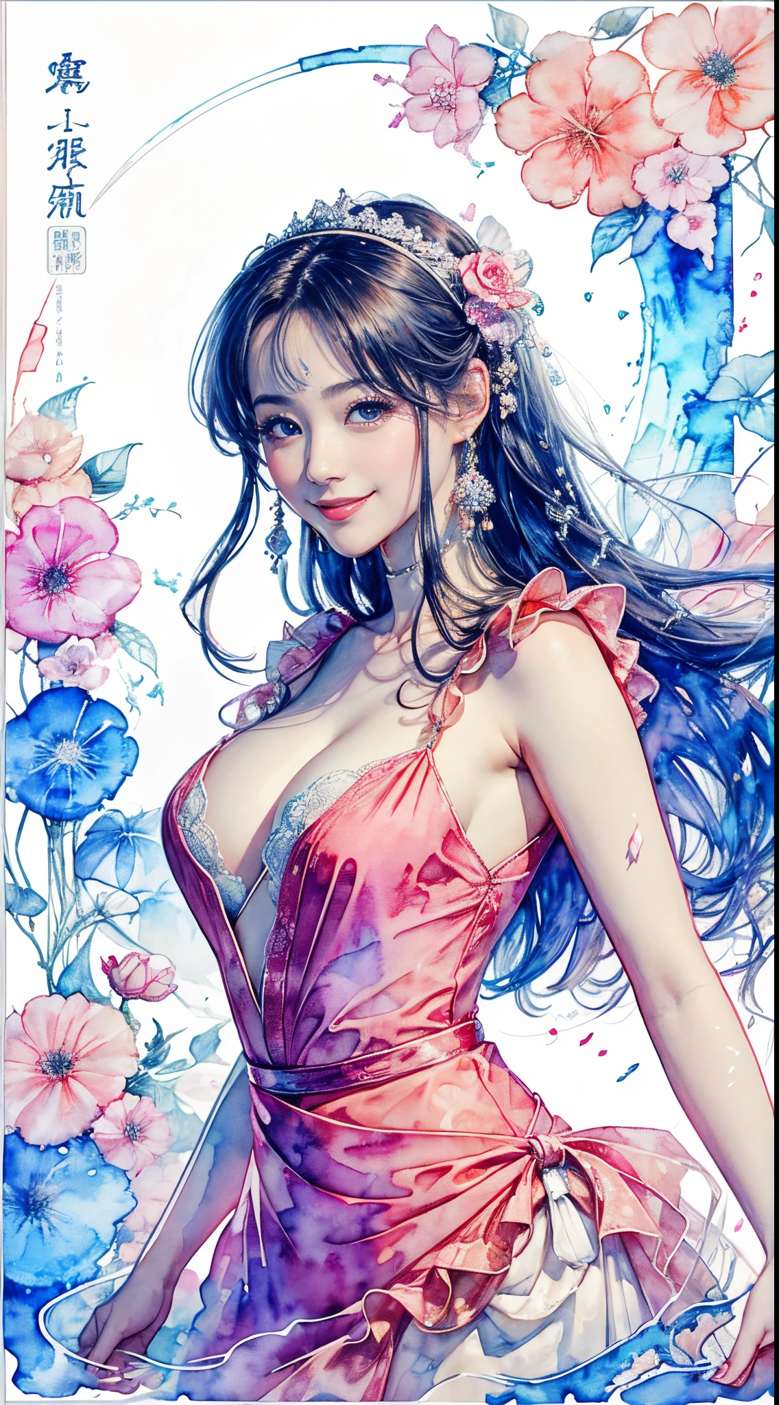8K,masterpiece,top-quality,Dynamic Pose,beautiful woman with long hair,Smile:1.6, Flamenco Dresses, beautiful japanese female, Gorgeous Japan Girl,Pretty actress, girl cute-fine-face, Female actress,slim,Sexy,watercolor paitingium\)
