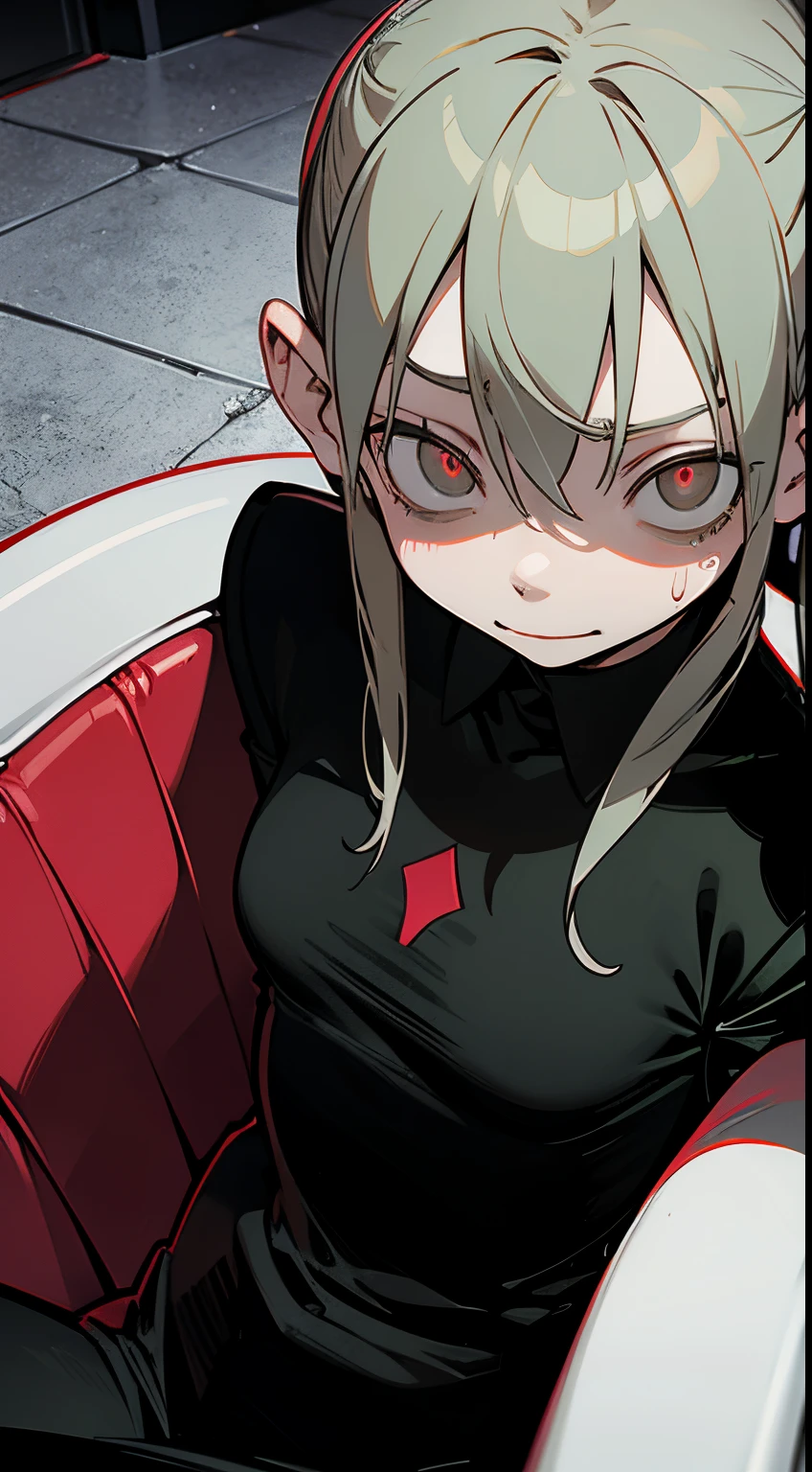 Maka Albarn possessed by Al Capone, glowing red eyes, flat breast, dark horror atmosphere, evil smile, seductively, happy, sweating, in a dark room, sitting in a mafia boss chair, twin pigtails hairstyle, wearing mafia boss girl clothing