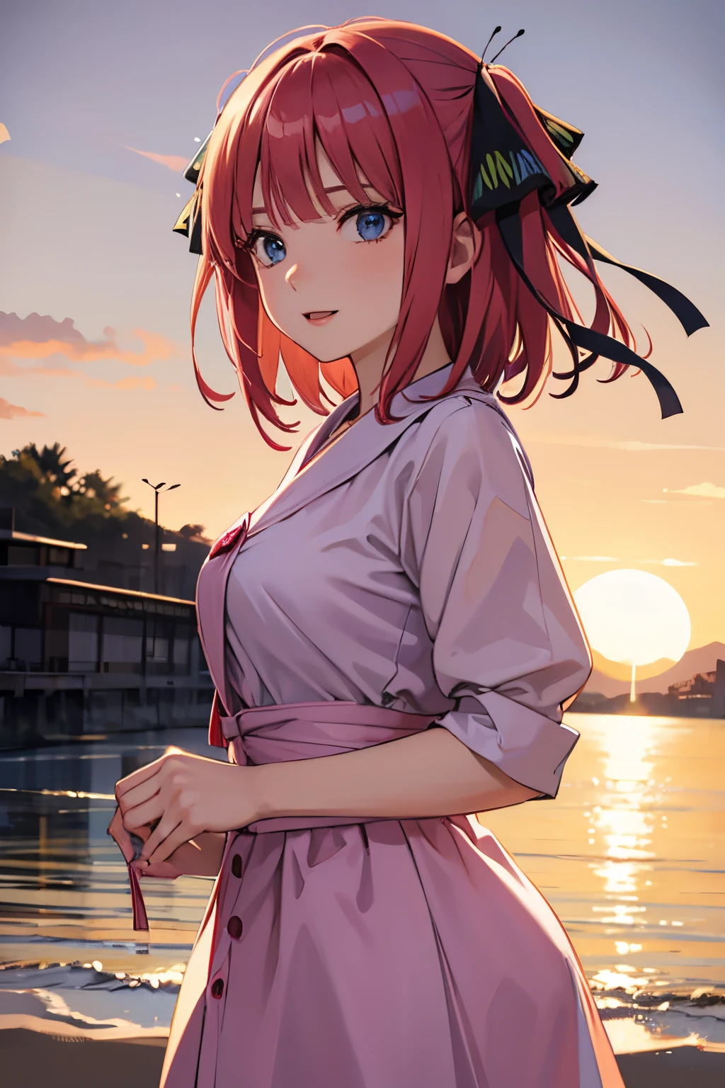 nino nakano, short hair, bangs, blue eyes, hair ornament, hair ribbon, pink hair, blunt bangs, two side up, butterfly hair ornament,, seios grandes, sorriso leve, Melhor Anime 4K Konachan Wallpaper, Estilo anime 4K, Arte Oficial, arte anime de alta qualidade, 4k anime wallpapers ((obra-prima)), cidade, horizonte bonito, por do sol, vento nos cabelos