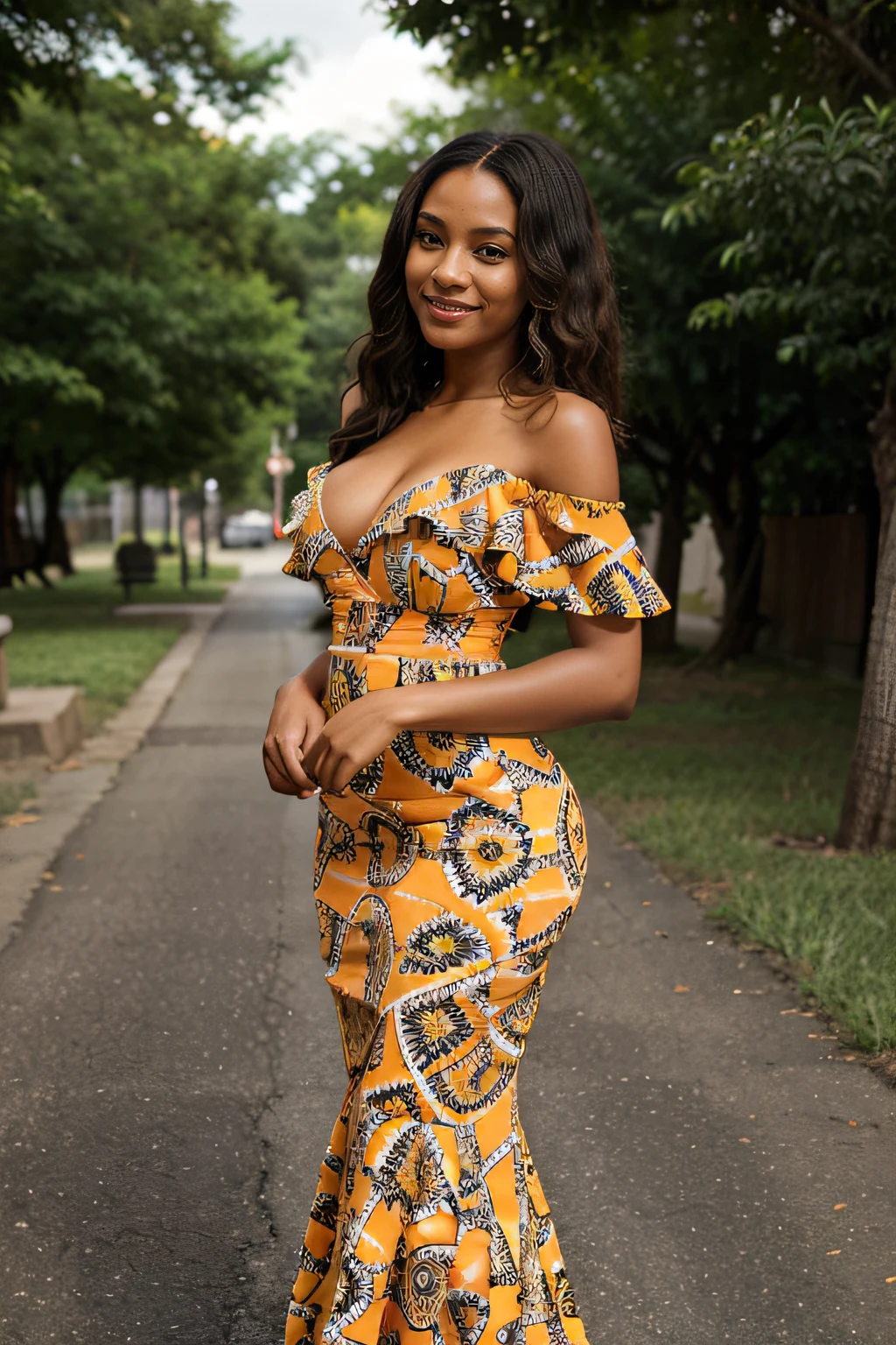 8k, highest quality, ultra details, African-American, young female, large breasts fully and well covered under the dress, big butt, posing on a paved road with greenery on either side. She is wearing a form-fitting, off-the-shoulder dress that features a bold and colorful pattern, likely influenced by African print designs. The dress extends down with a mermaid-style silhouette that flares at the bottom, and it includes ruffle detailing around the neckline and the waist, accentuating the shape. The pattern consists of orange, blue, and black colors, arranged in intricate designs. The person is looking over her shoulder with a bright, cheerful smile, and her hair is styled in soft waves. The background is slightly blurred, drawing focus to the vibrant colors of the dress and the joyful expression of the person.