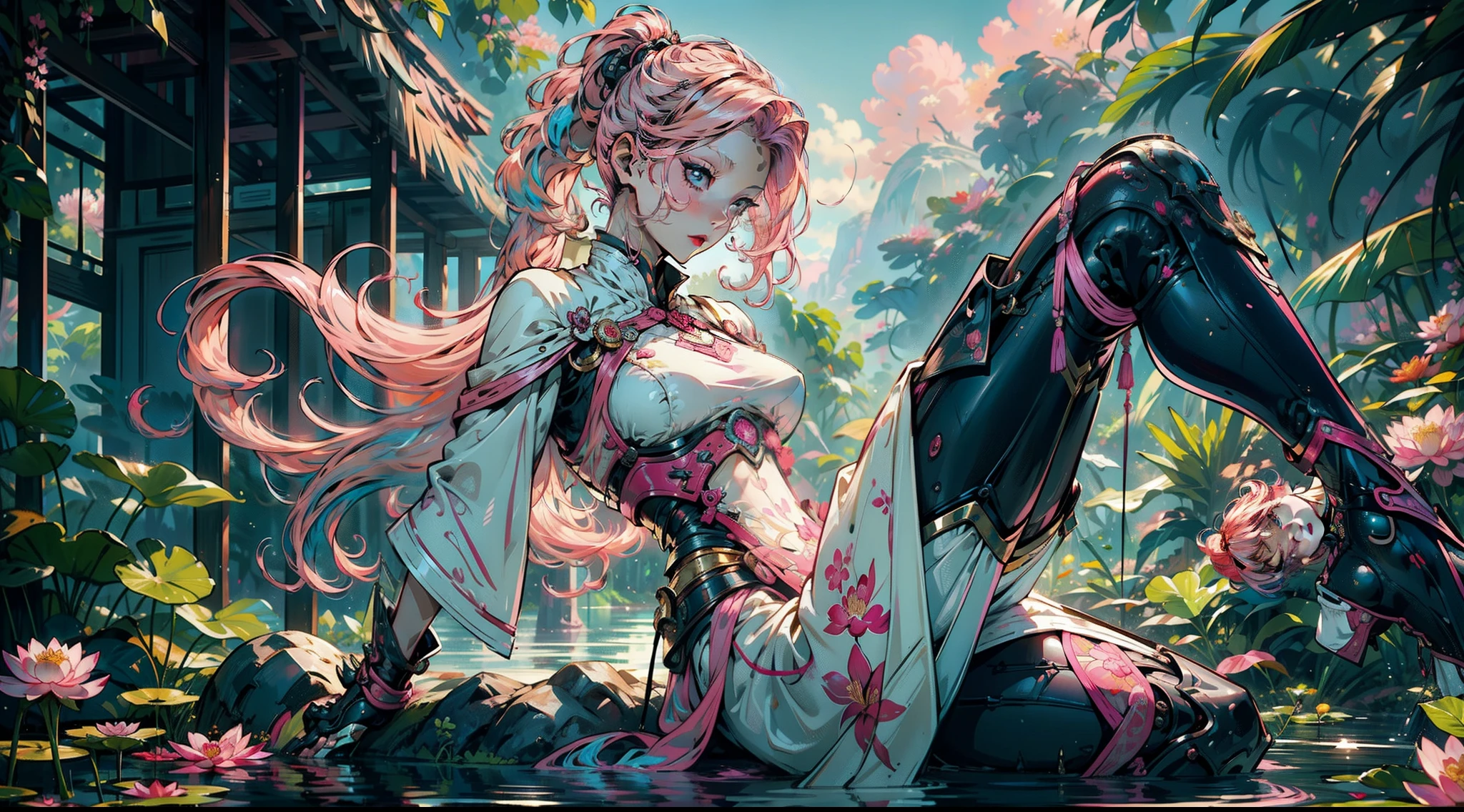 1female,(((solo))), 21 years old,,mature,plumw,extremely large bosom ,Pornographic exposure, 奏,(Background with:the rainforest,lotus flower,ponds,stunning view,with blue sky and white clouds) Keep hair long,laying underwater,seen from the front,(((pink hair))), hair straight, mostly cloudy sky,(((tmasterpiece),(Very detailed CG unity 8K wallpaper),best qualtiy,cinmatic lighting,detailed back ground,beatiful detailed eyes,,Redlip(Very fine and beautiful),(Beautiful and detailed eye description),ultra - detailed,tmasterpiece,)),facing at camera,A high resolution,ultra - detailed),revealing breastare genitalia, Bulge,legs are open,Raised sexy,Camel toelushed complexion,Open-mouthed,frontage,Mongol cavalry,(Wearing:pink capelet,Armour,Bare lower body,Bare breastare ,pink and black color scheme,Hanfu,Iron Man Mech),