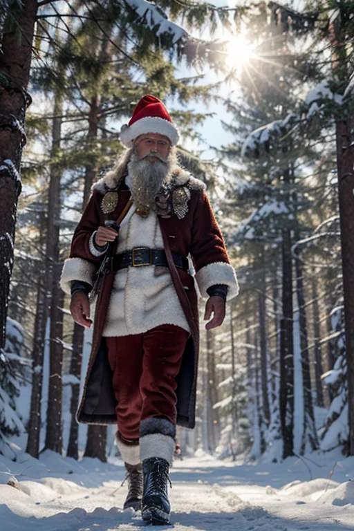 hyper-detailing, computer graphics, Santa Claus in full growth, clearly drawn face, walking through the winter forest, classic Russian hat, the staff is decorated with precious stones, fur coat and fur hat embroidered with silver threads, cobweb, Diamonds, Sapphires, topaz, watercolour, Drawing, blue color+A white+silver, ice, hoarfrost, elegant spruce, forest animals around, back light, is beautiful, Mysticism, That's incredible, High octane rating, hight resolution, depth, full body wide angle, natural bright sunlight, higly detailed, 8K.
