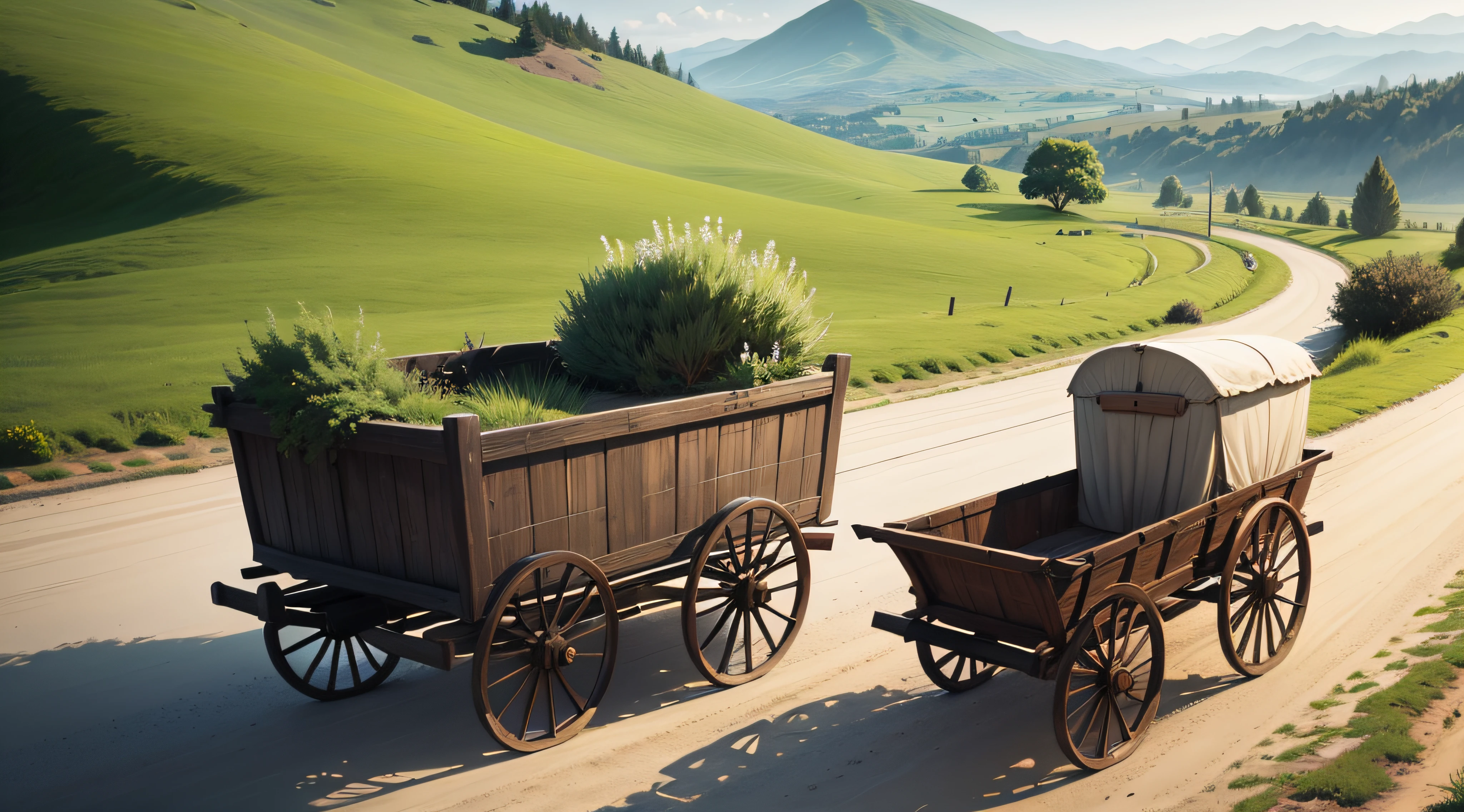 a wagon traveling on a dirt road through the green hills