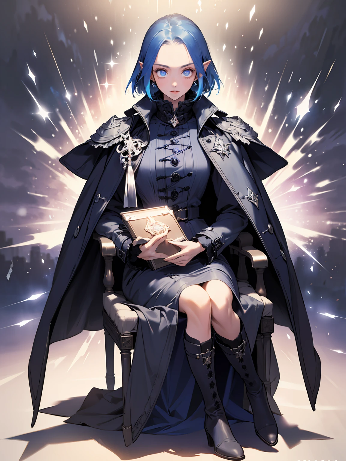 (Masterpiece, Best Quality, Ultra-detailed, sharp focus, solo, 1person, 1girl, perfect anatomy :1.5) (medium body Shot, gacha splash art :1.4) (, portrait, octane render) (dynamic pose, action shot, :1.2), Perfect Lighting, Ray tracing, warm backlight, purple shadows, ((night lighting , darkness, glowing aesthetic )) (dungeons and dragons, fantasy, atmospheric, mystery, romantic, wallpaper) covered chest (long body, short pointed ears,beautiful woman,:1.3) (dark blue hair , parted bangs Tucked Behind pointed Ears, middle parted hair :1.4), Face-framing layers (shoulder-length haircut, straight short thick hair :1.3) ( small clear forehead without strands, small forehead :1.5), pale skin, friendly, smile, (relax, mischievous, kind, arrogant :0.9) Elegant, hidden hips,, ((flow puffy clothes, soft matte fabric, fashionable victorian rpg clothing, very detailed and rich clothing)) (gothic Lolita's Black Dress, all-black flared knee-length dress:1.4) ((strapless off-shoulder dress, , lush gorgeous dress )) black choker, bare collarbones, ((( large vintage trenchcoat, colorful flow long greatcoat, purple shades Patchwork greatcoat, African squarePrint greatcoat, stand-up trenchcoat collar , squared pattern on trenchcoat)))((purple knee boots)) detailed alchemist's hip bag, dense wild dark forest on the background, lonely gothic tower, elven ancient ruins, blue night sky, little blue moon, (1staff, holding long straight silver staff in hand, the pommel of the staff is a sun-shaped ring with empty centre) floating books and magic cards, gesture, magic passes, ( red|blue wireframe magic aura, holographic low poly magic streams, purple |cyan|red triangle particles :1.3), (complex background), , glowing neon blue eyes, SilverSapphireAI, GothGal, flying | floating | sitting | posing, straight posture,studyes books, closed legs