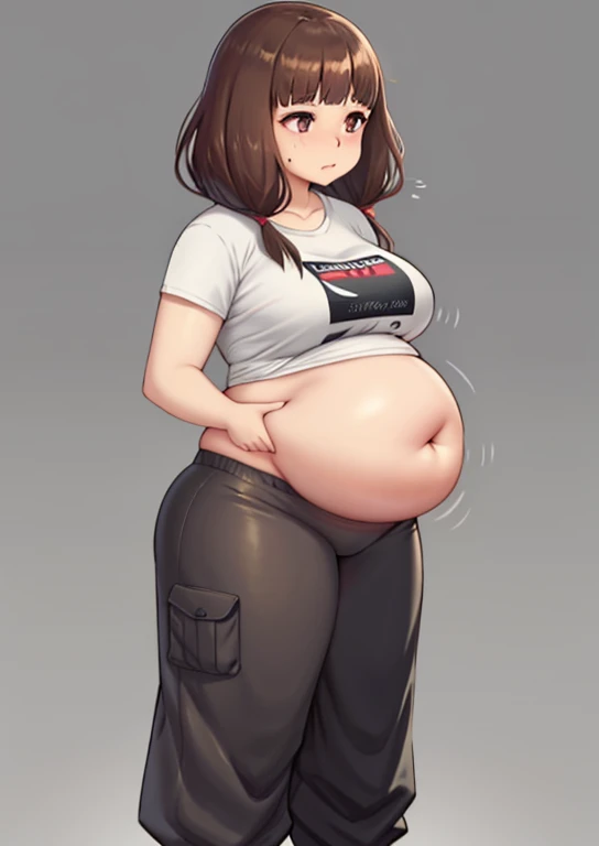 Miko Iino, fat, , chubby, overweight, twin tails, fat, large belly, standing, fat belly, very fat, , chubby,very fat, safe for work, obese, belly fat, fat, huge, heavy, very fat, safe for work, fat, standing, grabbing belly, very fat, large stomach, chubby (best quality, masterpiece),ece), stomach exposed,, full body wide shot, pregnant, standing, full body image, standing pose, brown hair, wearing sweatpants and a t-shirt