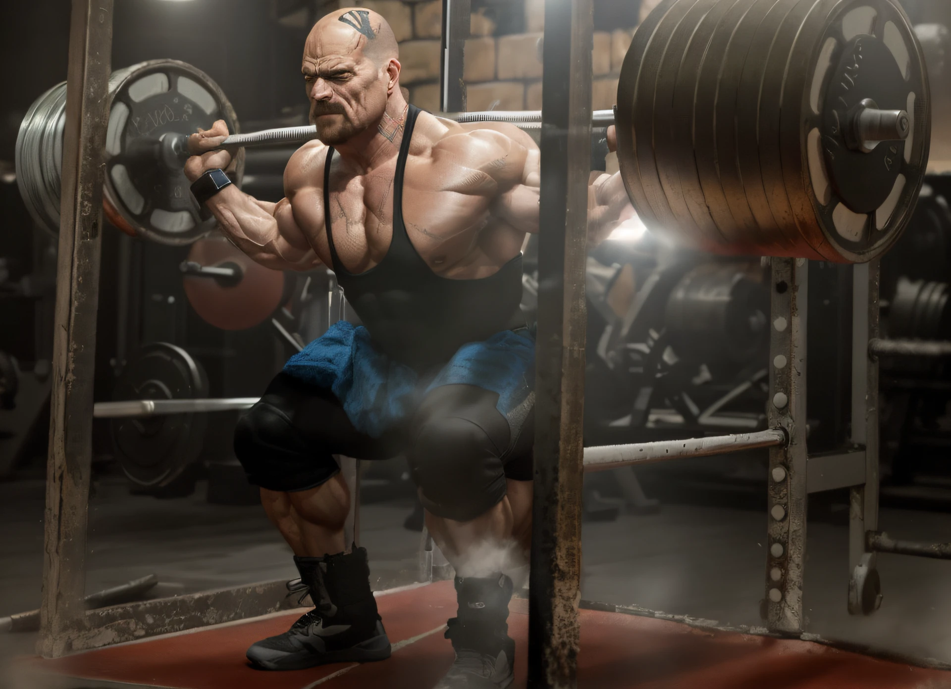homem arafiado em uma academia com uma barra e uma placa de peso, squatting, musculine, Terremoto de Strogg, exaggerated physique, Walter White como um fisiculturista, musculoso e aterrorizante, fisiculturista, extreme muscles, hr giger muscles, wrinkles and muscles, body building blacksmith, extremely muscular, squatting pose, coxas musculosas