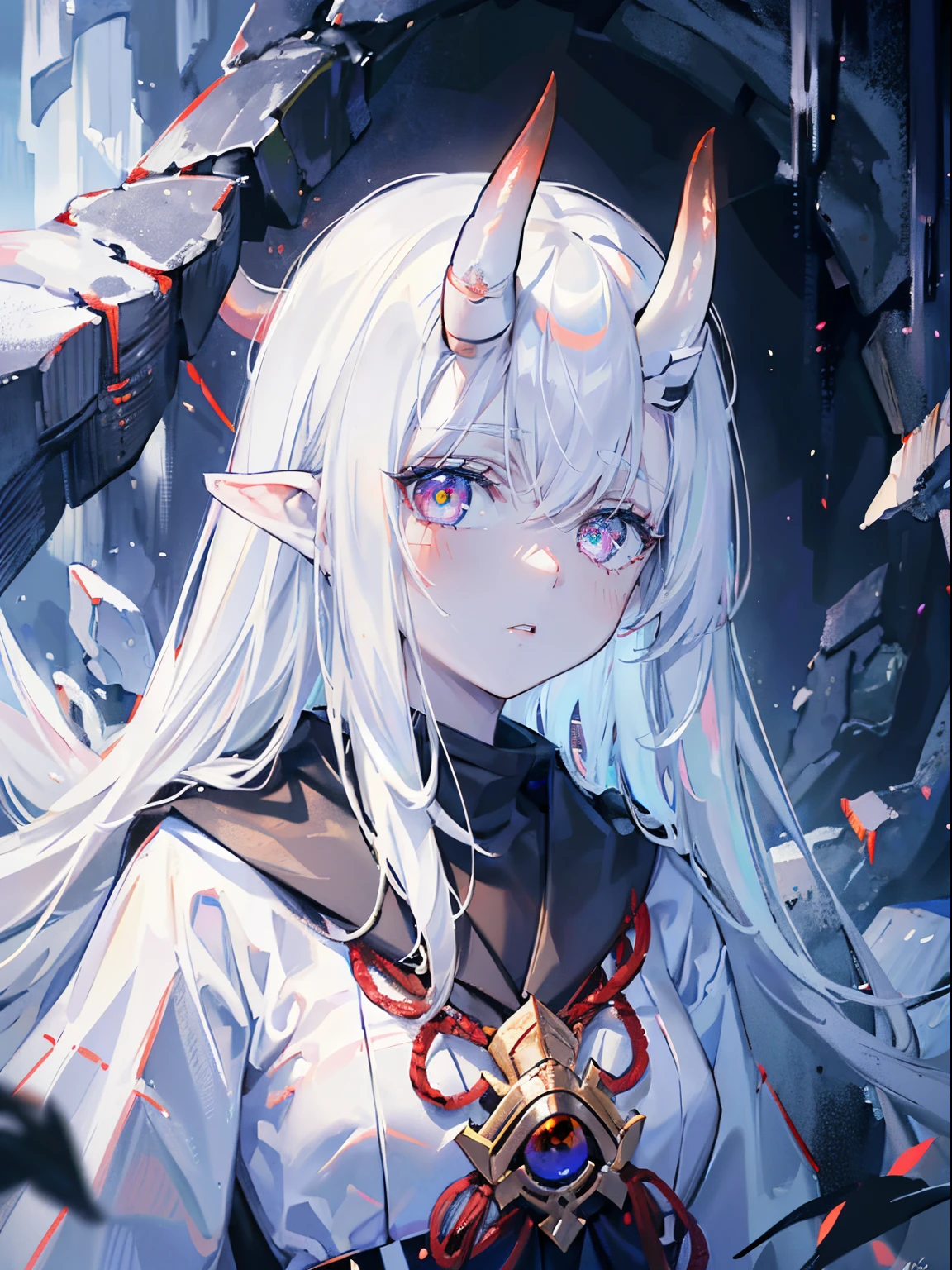 (masterpiece,best quality,ultra-detailed),1girl, white hair, pointy ears,beautiful and detailed face, detailed eyes,looking at viewer, white skin,(oni horns),white miko clothes,((grey theme),pale skin, glowing eyes,in a dark cave,