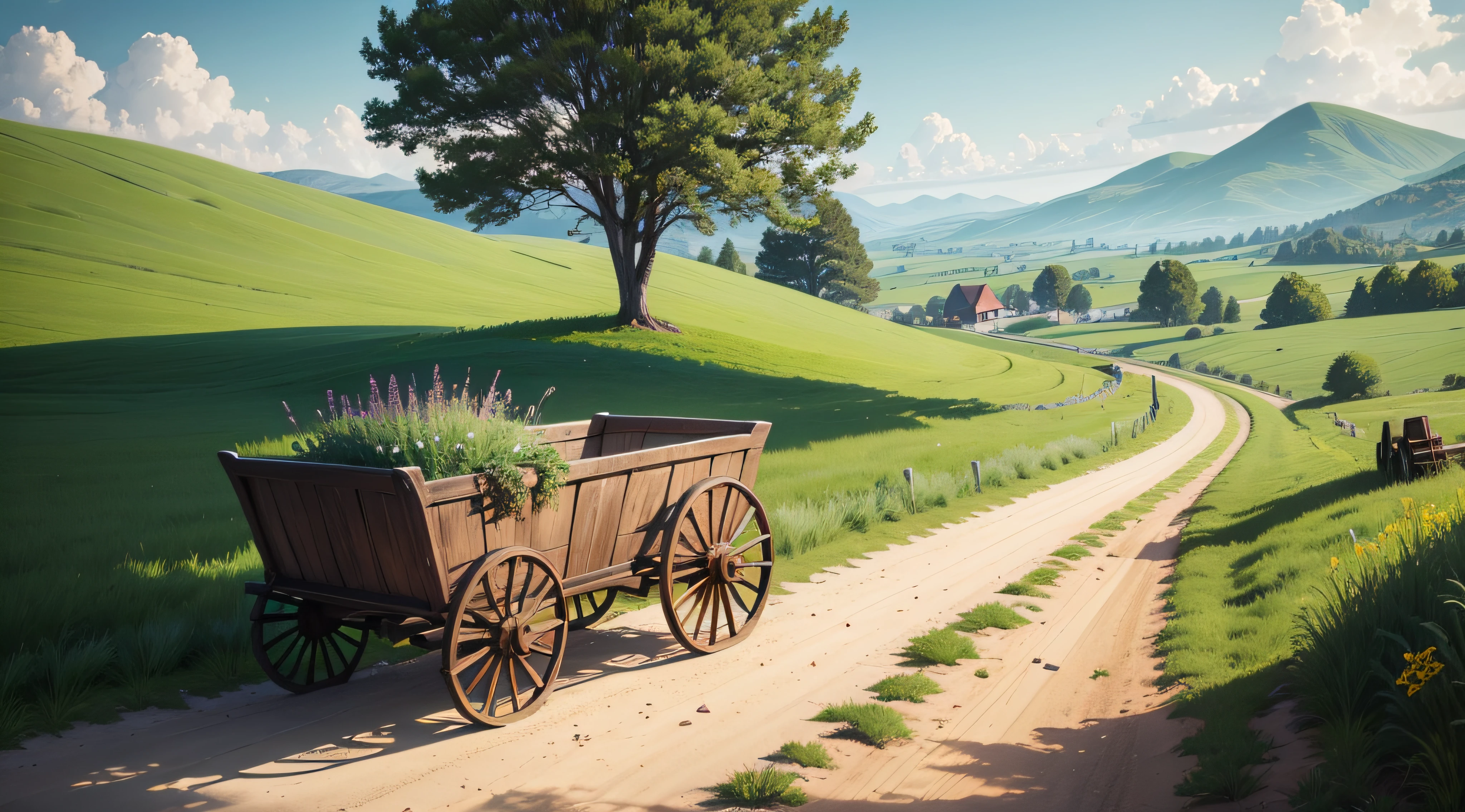 a wagon traveling on a dirt road through the green hills