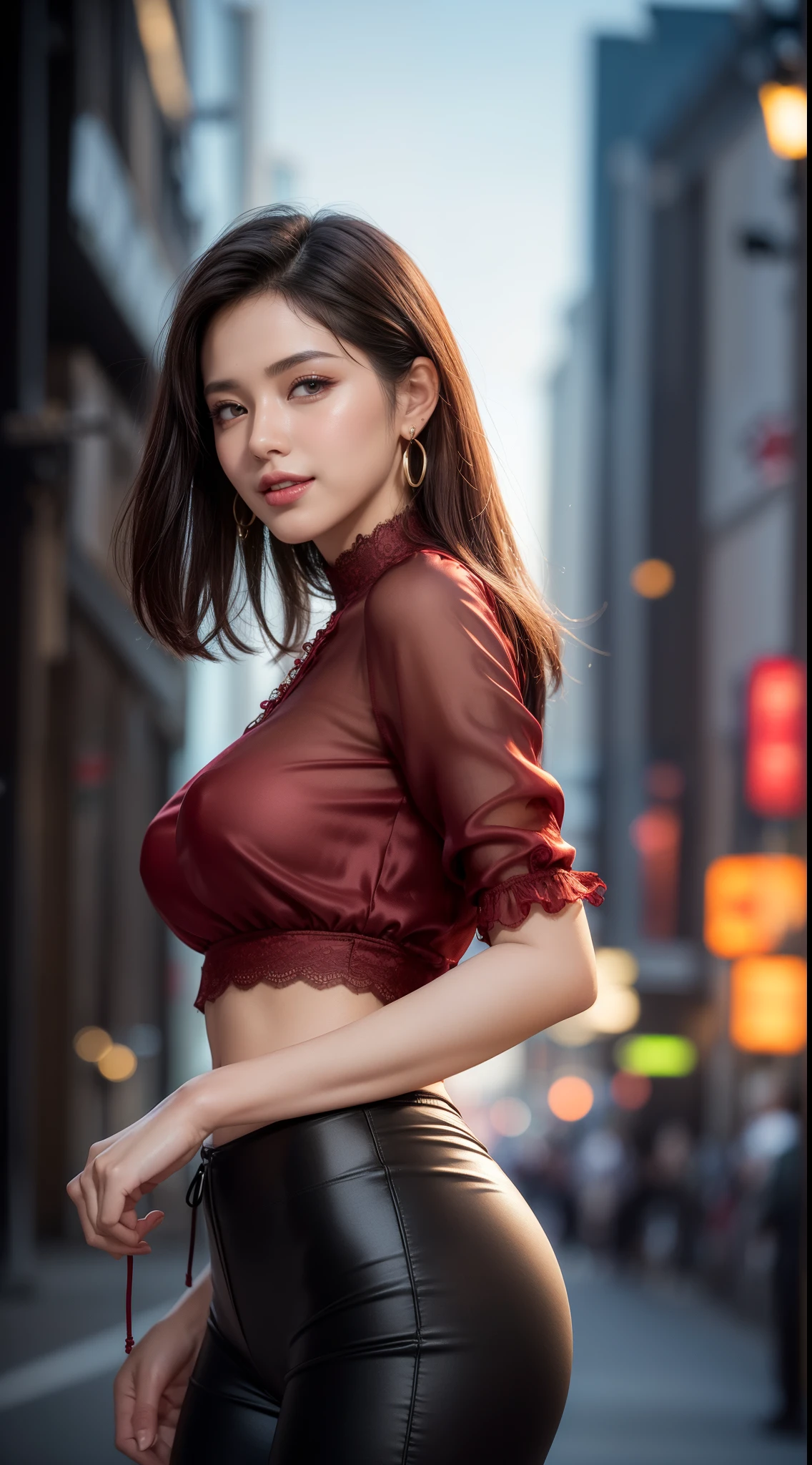 8k, masterpiece, RAW photo, best quality, photorealistic, extremely detailed CG unity 8k wallpaper, Depth of field, Cinematic Light, Lens Flare, Ray tracing, (extremely beautiful face, beautiful lips, beautiful eyes), intricate detail face, ((ultra detailed skin)) 1girl, in the dark, deep shadow, pretty Asian girl, idol, 1 girl, (very slim slender fit-muscled body:1.3), ((looking at viewer)),(big smile:1.3), (tight laced blouse), (short sleeve) , (city night, dark night, (neon sign), (blurred background), dim lights, cityscape, rooftops, beautiful earrings, bracelets, necklace, clear eyes, (pale skin), (big eyes), face forward, ((upper body shot)), (black, red silk pants),(brown hairs), (silk blouse), laced jacket , (looking at viewer:1.3), open , (very slim), medium breast through),((flooming laced)), (camel toe), lses, thick thighs, medium butt, (red color pantsurning back, back shot