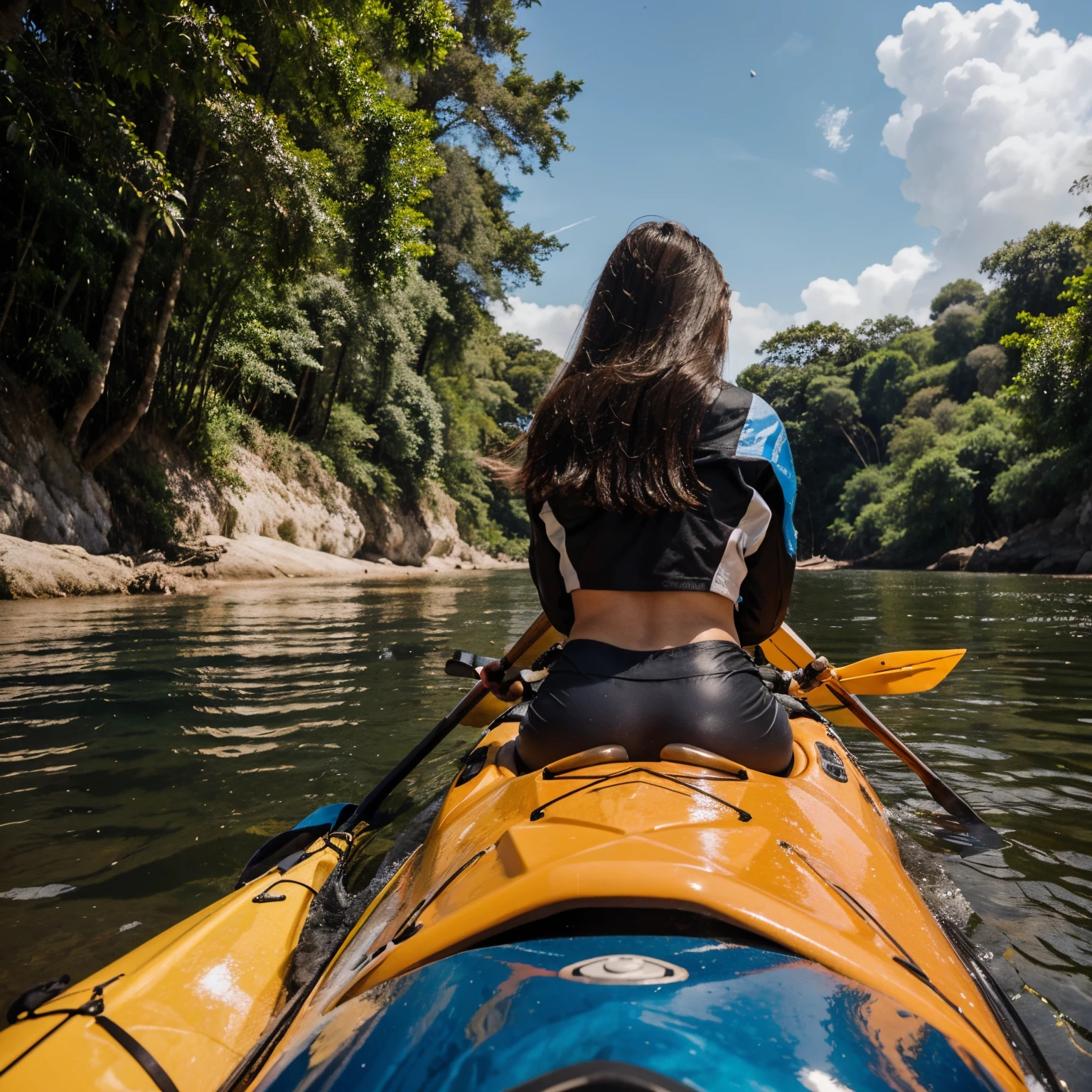 Usando uma foto minha cria um fundo futurista onde eu esteja a pescar com kayak