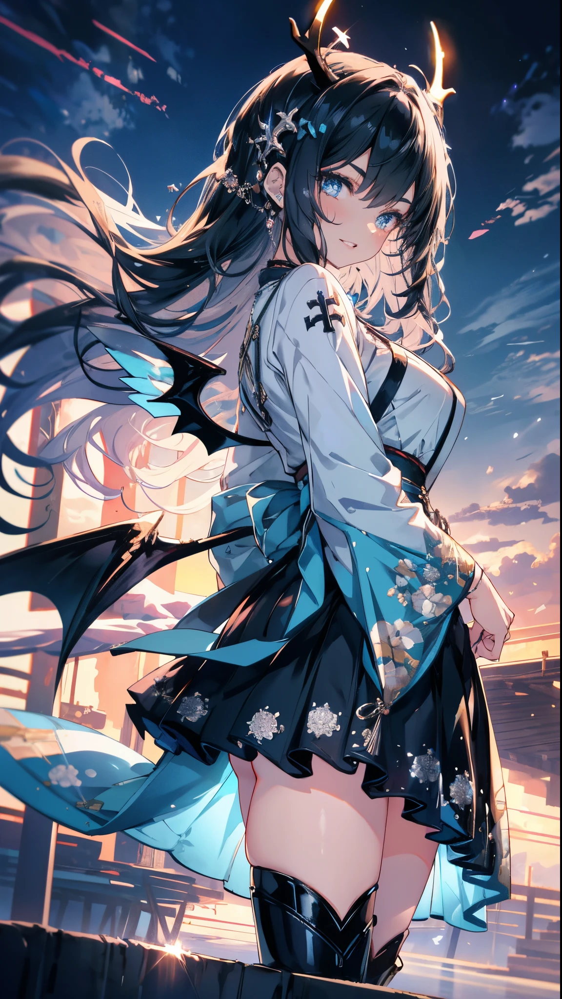 Japanese maid, anime style, detailed and beautiful, world masterpiece, female focus on, Girls' Front, solo focus, looking back, Extremely gorgeous metal style, neat figure, girl, 20 years old, long Bright wavy hair, short wavy hair, big forhead, hair over shoulder, hair intakes, detailed black hair, hair blowing with the wind, extremely detailed eyes and face, evil grin, v-shaped eyebrows, eye shadow, parted lips, Hands as clear as jewels, large breasts, thighs, beautiful detailed blue eyes, Smooth skin, chain storm, antlers, cross necklace, bat wings, ice crystal texture wings, very long dress cover feet, dress shirt, high heels, Jewelry decoration, strapless, silk cloth, blue Clothes, air force fleet in the sky, table, clouds, fine luminescence, dark intense shadows, very precise detailed, 4k, highly detailed,