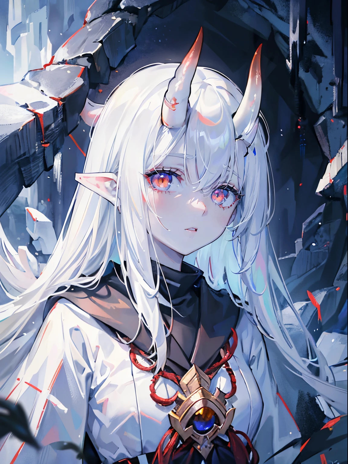 DETAILED, DENSE, MASTERPIECE, one girl, beautiful,  22 years old, smooth skin, glowing skin, glowing hair, clear eyes, glowing eyes, red eyes, soft lips,(viewer Looking down: 0. 8) smiling slightly, cheeks stained, mouth open, one girl, soft skin, large breasts, glowing skin, (Masterpiece: 1.0), (Realistic: 1.6), (Soft Focus: 1.5), albino, white hair, horns, full body, big lips, sexy face, sharp eyes, grin, skinny waist, (((skinny waist))), pastel pink jacket,
