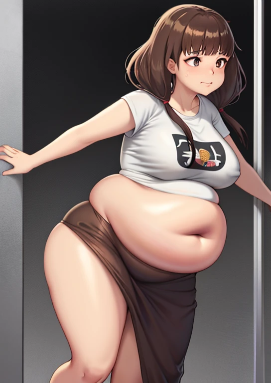 Miko Iino, fat, , chubby, overweight, twin tails, fat, large belly, standing, fat belly, very fat, , chubby,very fat, safe for work, obese, belly fat, fat, huge, heavy, very fat, safe for work, fat, standing, grabbing belly, very fat, large stomach, chubby (best quality, masterpiece),ece), stomach exposed,,, pregnant, standing, full body image, standing pose, brown hair, wearing sweatpants and a t-shirt