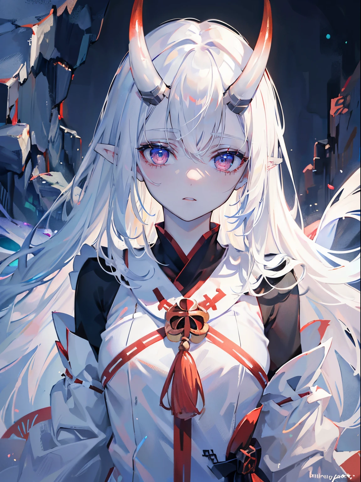 (masterpiece,best quality,ultra-detailed),1girl, white hair, pointy ears,beautiful and detailed face, detailed eyes,looking at viewer, white skin,(oni horns),white miko clothes,((grey theme),pale skin, glowing eyes,in a dark cave,