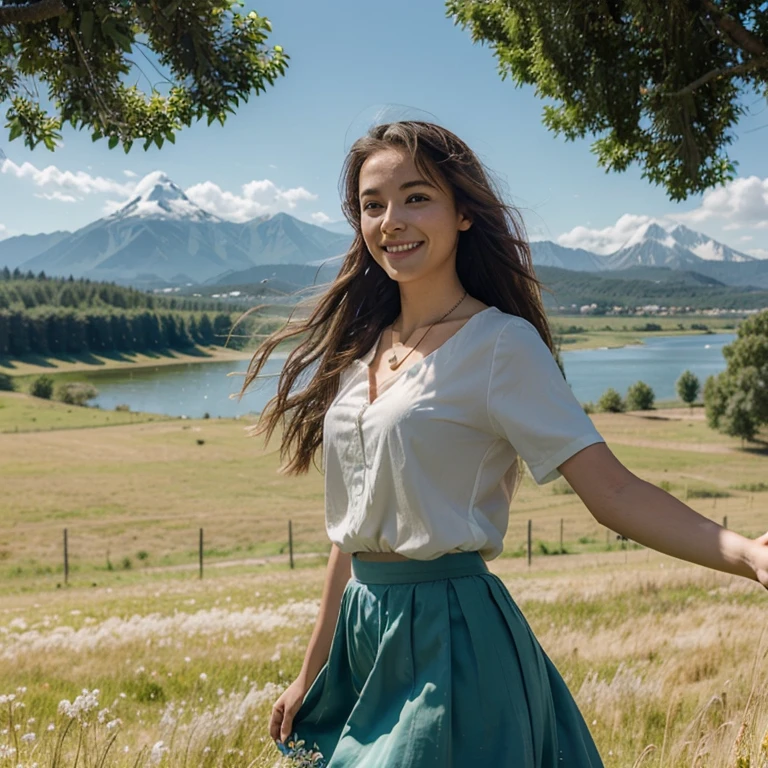 necklace,hair_ornament,prospect,water eyes,wind,breeze,god ray,lawn,Mountains and lakes in the distance,The skirt sways with the wind,The sun shines through the trees,A vast expanse of grassland,fence,Blue sky,bloom,smile,glow,The grass sways in the wind