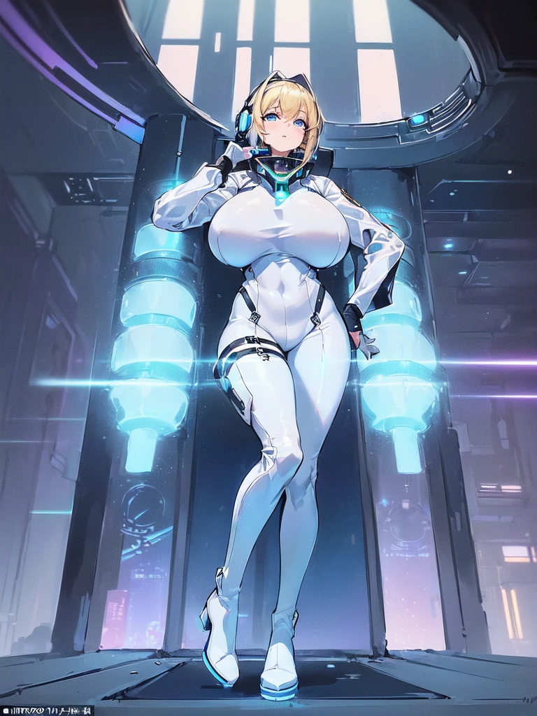 ​masterpiece:1.4, 1girl in ((20yr old, Wearing a futuristic white and silver costume, Tight Fit Bodysuit, long boots, Very gigantic-breasts, Multicolored blonde hair, a short bob, Perfect model body, Blue eyes:1.2, Wearing headphones, Looking out the window of the futuristic sci-fi space station、While admiring the beautiful galaxy:1.2, SFSF control room on night background:1.1, Neon and energetic atmosphere:1.2)) ((Galaxy))