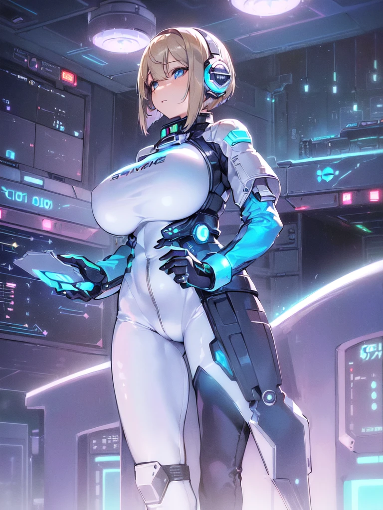 masterpiece:1.4, 1girl in ((20yr old, Wearing a futuristic white and silver costume, Tight Fit Bodysuit, long boots, Very gigantic-breasts, Multicolored blonde hair, a short bob, Perfect model body, Blue eyes:1.2, Wearing headphones, Looking out the window of the futuristic sci-fi space station、While admiring the beautiful galaxy:1.2, SFSF control room on night background:1.1, Neon and energetic atmosphere:1.2)) ((Galaxy))