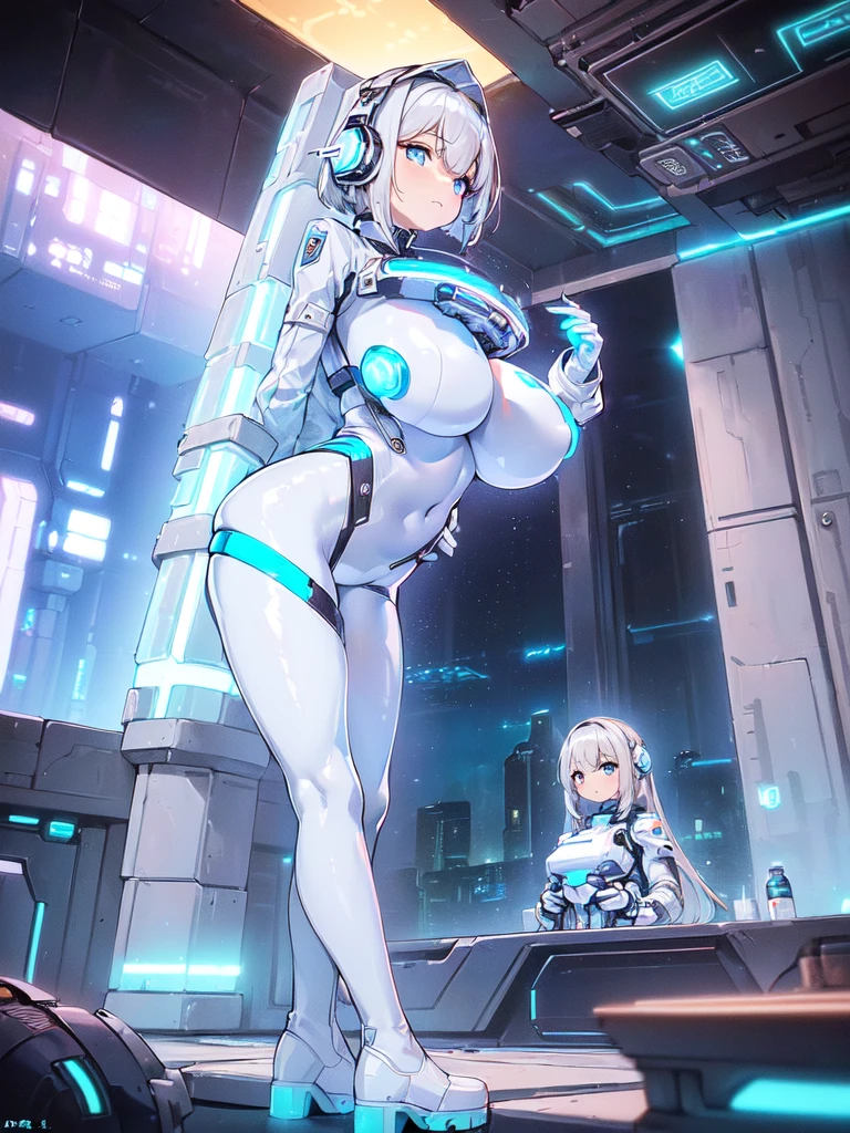 ​masterpiece:1.4, 1girl in ((20yr old, Wearing a futuristic white and silver costume, Tight Fit Bodysuit, long boots, Very gigantic-breasts, Multicolored blonde hair, a short bob, Perfect model body, Blue eyes:1.2, Wearing headphones, Looking out the window of the futuristic sci-fi space station、While admiring the beautiful galaxy:1.2, SFSF control room on night background:1.1, Neon and energetic atmosphere:1.2)) ((Galaxy))